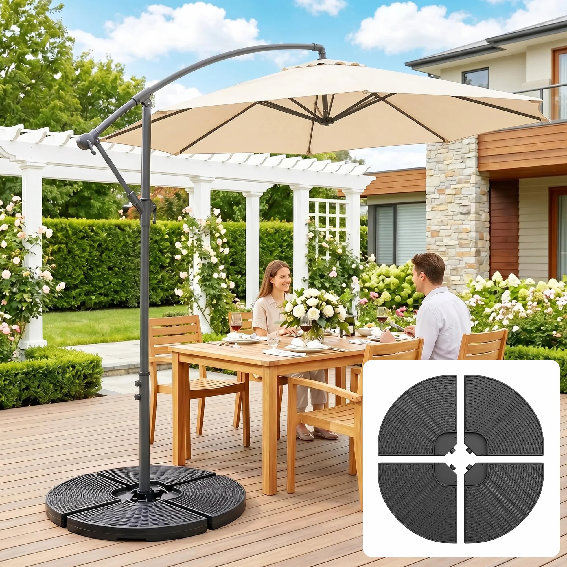 Outsunny Base per Ombrellone a Braccio da 4 Pezzi in HDPE Riempibili con Acqua e Sabbia, Ø100x8 cm, Nero
