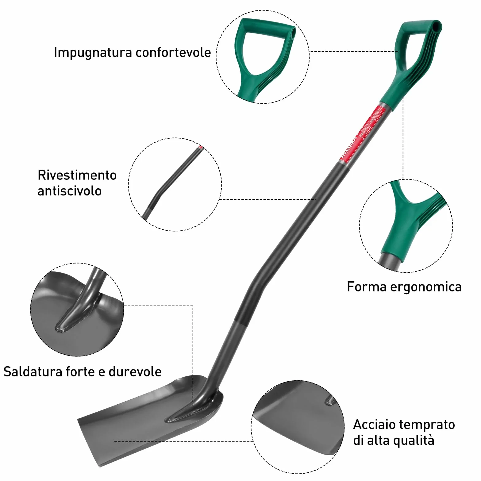 HYCHIKA Pala da Giardino Piazza, Vanga da Giardinaggi, Pala da Scavo, Acciaio Temprato di Alta Qualità, Manico Ergonomico Impugnatura a D, per Piante, Agricola, Diserbo, Spalatura Neve