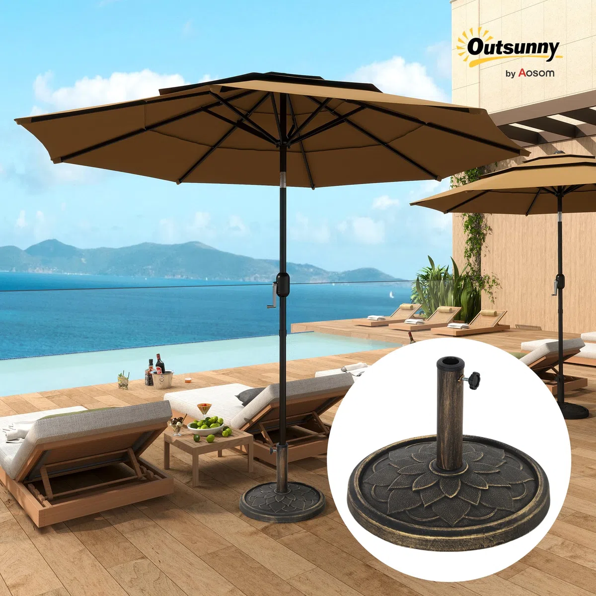 Outsunny Base per Ombrellone da 12 kg con Motivo di Fiore di Loto e Manovella Integrata, Basamento per Ombrellone in Resina, Metallo e Cemento, per Pali di Ombrelloni da Ø32/38/48 mm, Bronzo
