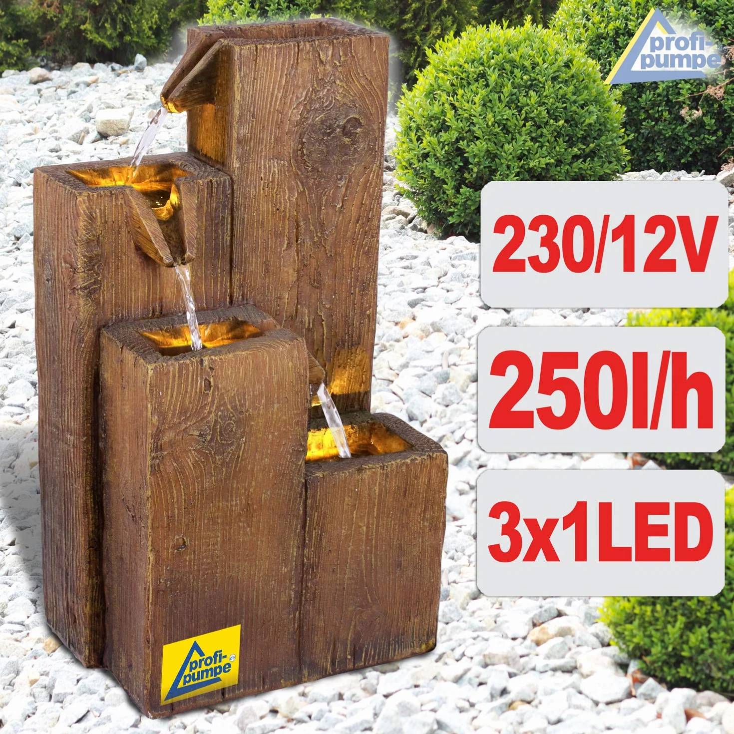 Fontana da giardino, fontana decorativa, fontana da interni, fontana con luce a LED, 230 V, gioco d'acqua, laghetto da giardino, terrazza (casette in legno)