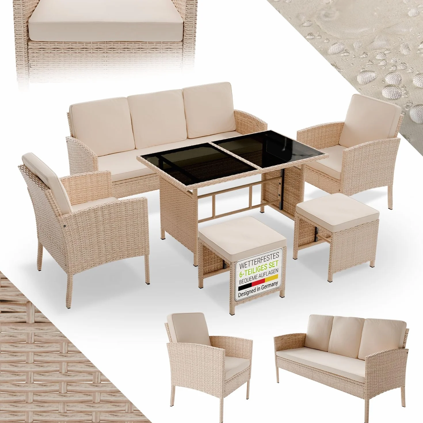 Juskys Salotto da Giardino Rattan Torino Set 6 pezzi 7 persone Crema