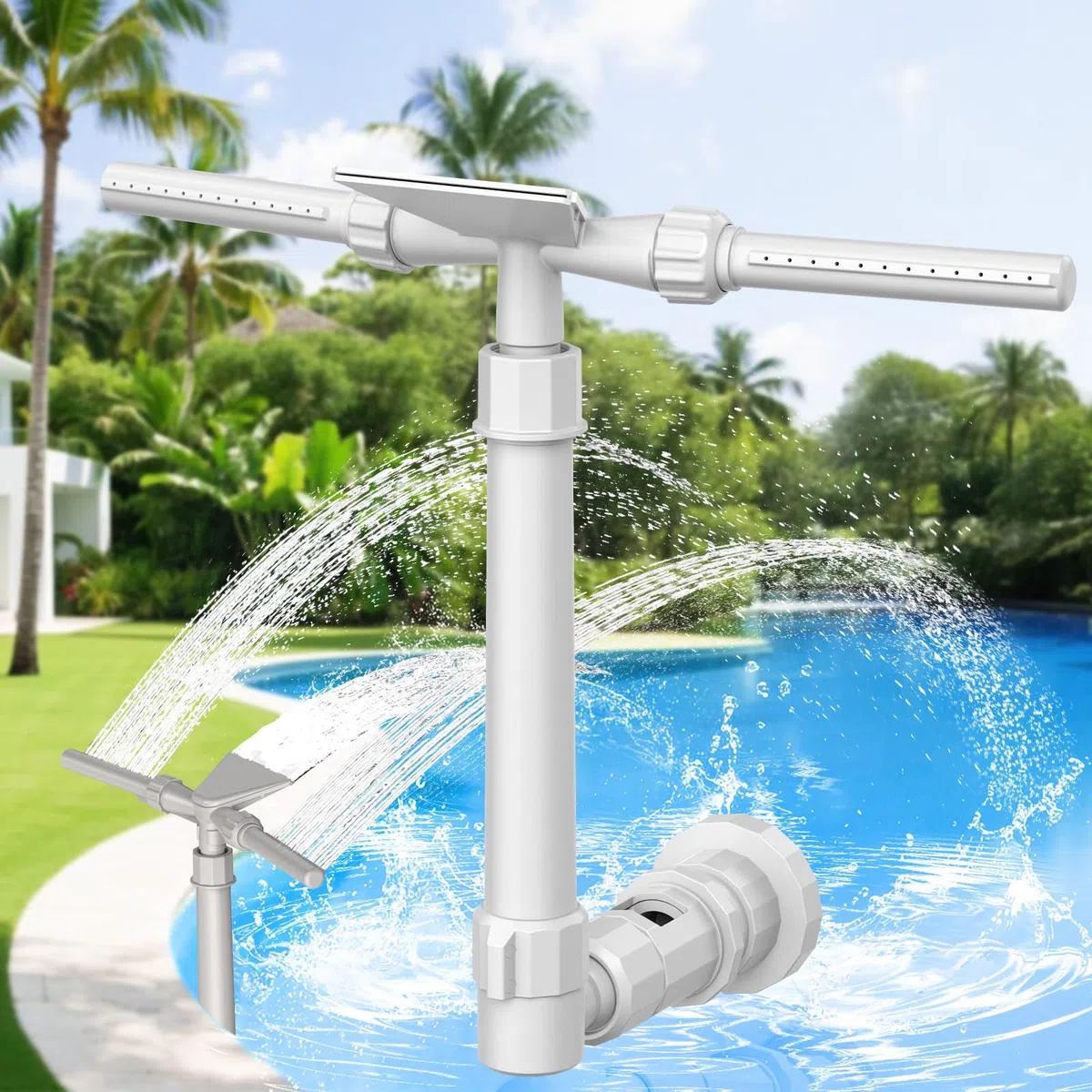 Mooroer Piscina Fontana 3 in 1, Cascata Fontana Sprinkler Piscina Regolabile a 360° per Piscine Fuori Terra e Interrate, Accessorio Piscina Compatibile con Raccordi di Ritorno I*tex/Col*m*n, Relax