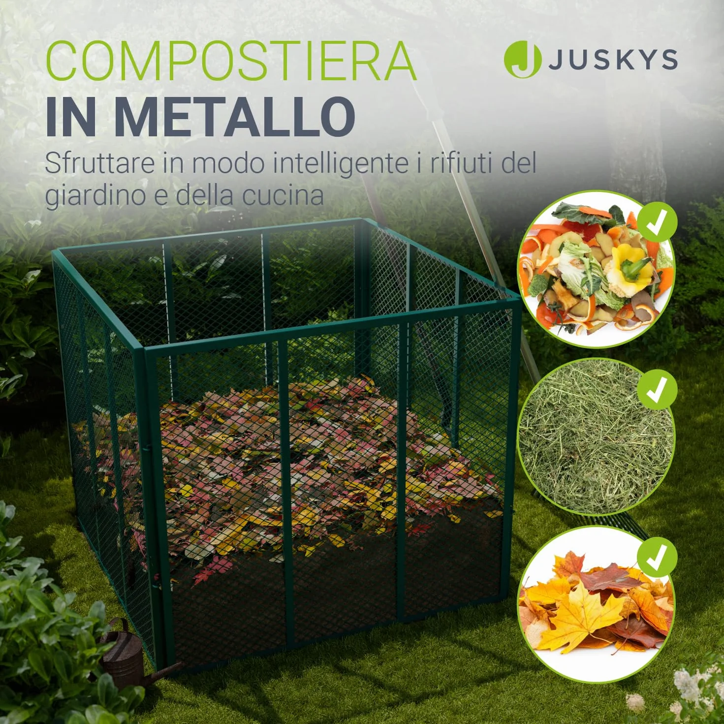 Juskys Compostiera Metallo 800 L Acciaio Zincato Verniciato Polvere Resistente Intemperie Verde Scuro