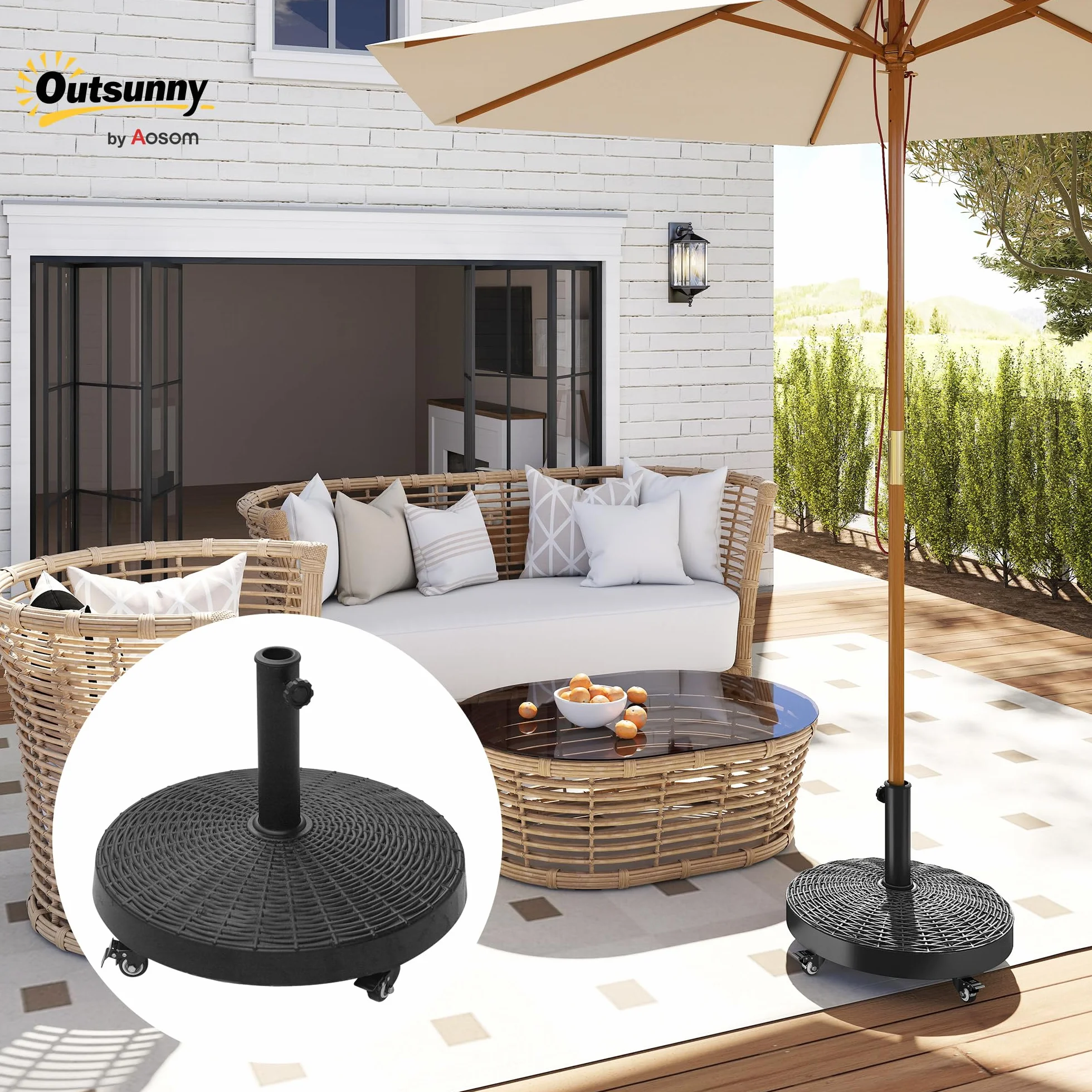 Outsunny Base per Ombrellone da Giardino Rotonda a 4 Ruote con Freni, Base Ombrellone in Metallo e Resina, per Pali di Ombrelloni da Ø38/48 mm, Ø52x41 cm, Nero
