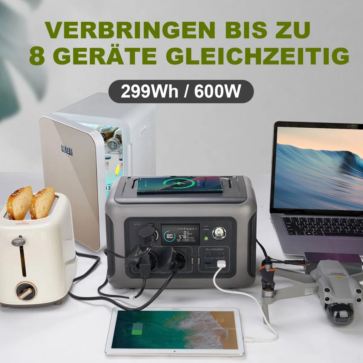 ALLPOWERS 299Wh 600W Centrale Elettrica Portatile con Pannello Solare da 100W, R600 Batteria LiFePO4 Generatore Solare, Generatore di Corrente Portatile UPS, per Campeggio, Viaggi, Emergenze