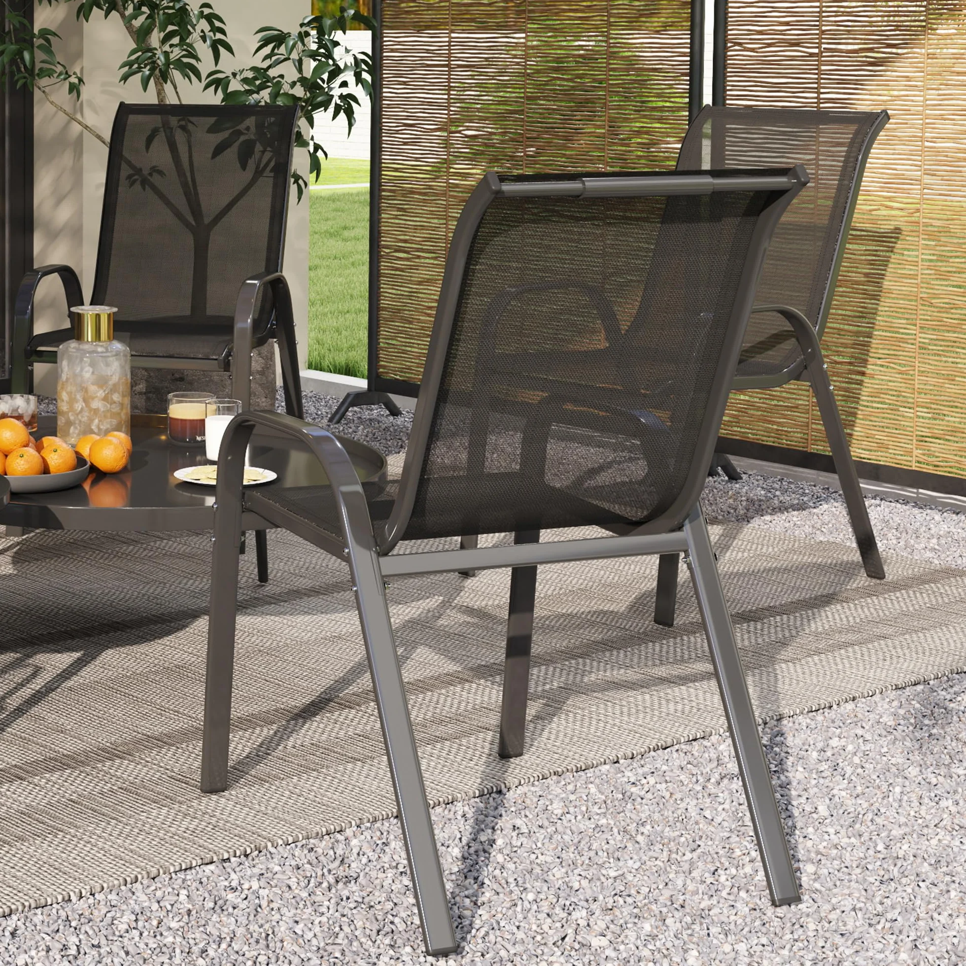 Outsunny Set 4 Sedie da Giardino Impilabili con Braccioli, Acciaio e Texteline, 54x71x93 cm Nero