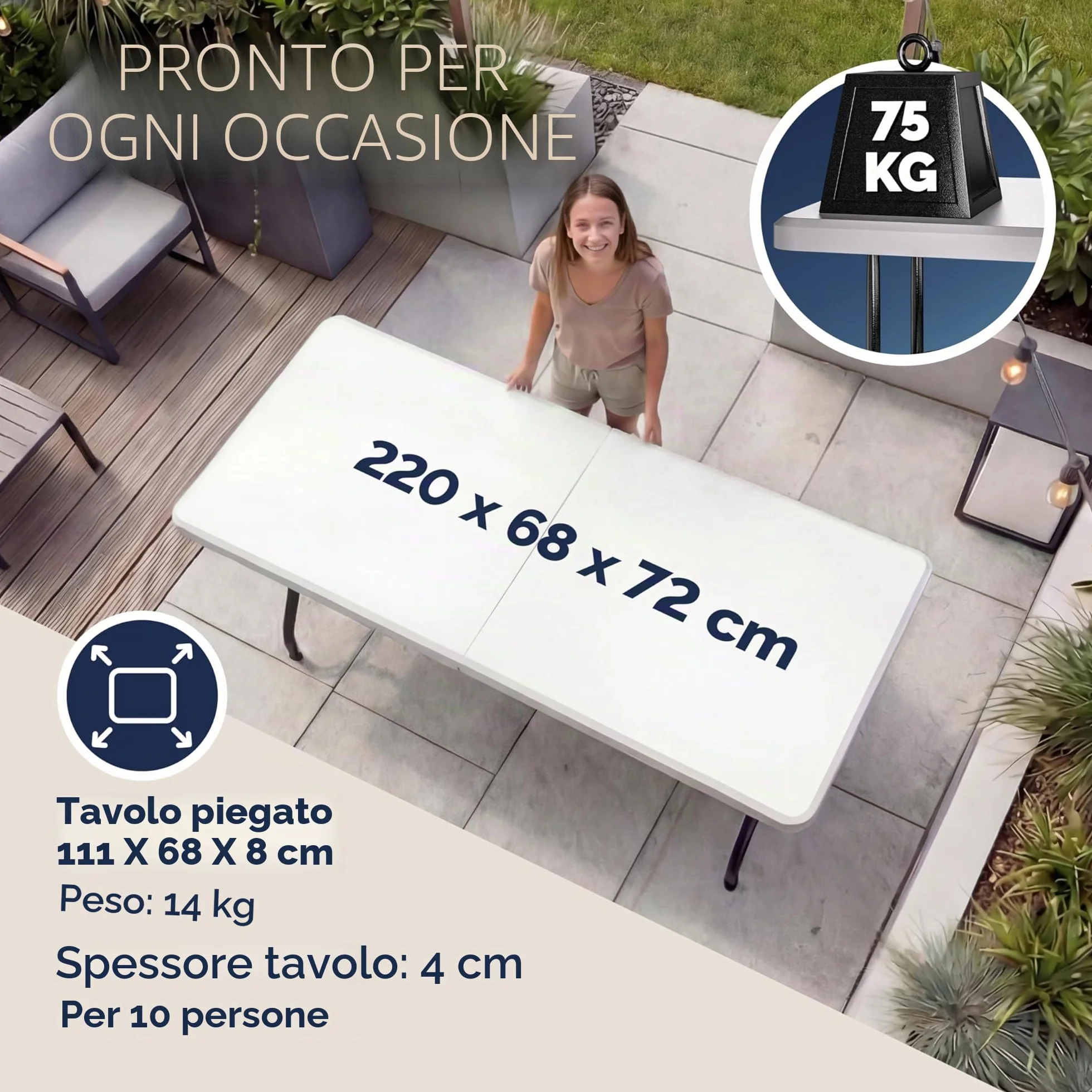 Casaria Tavolo da Giardino Pieghevole 220x70 cm Rettangolare per 10 Persone Bianco