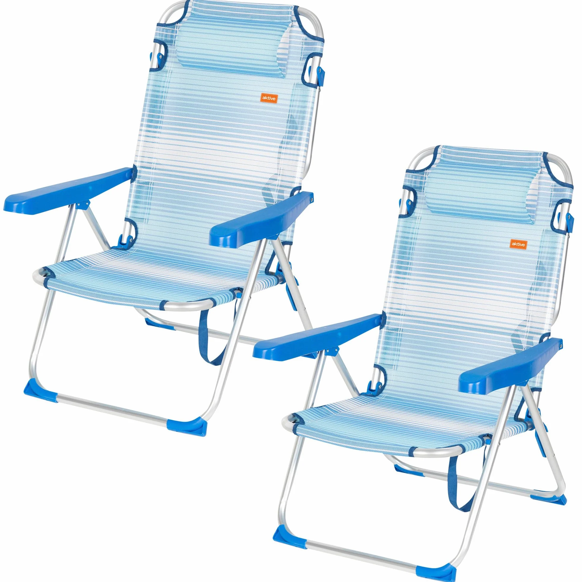 AKTIVE Confezione da 2 sedie da spiaggia pieghevoli e reclinabili, blu a righe, 48 x 60 x 90 cm, 5 posizioni, cuscino imbottito, maniglia a spalla, braccioli ergonomici, fermaporta ribaltabile