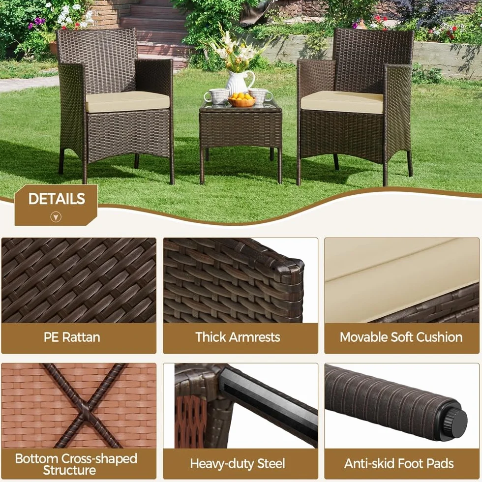 Yaheetech Set Mobili da Giardino 2 Poltrone e 1 Tavolino in Rattan PE Impermeabile Marrone