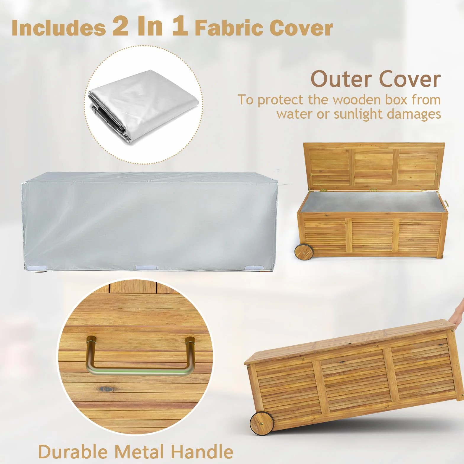 KOMFOTTEU Baule da Giardino 182 L con Ruote e Maniglie, Contenitore da Esterno con Borsa Interna Resistente all'Acqua, Cassapanca Contenitore da Interno in Legno di Acacia, 127 x 50 x 45 cm