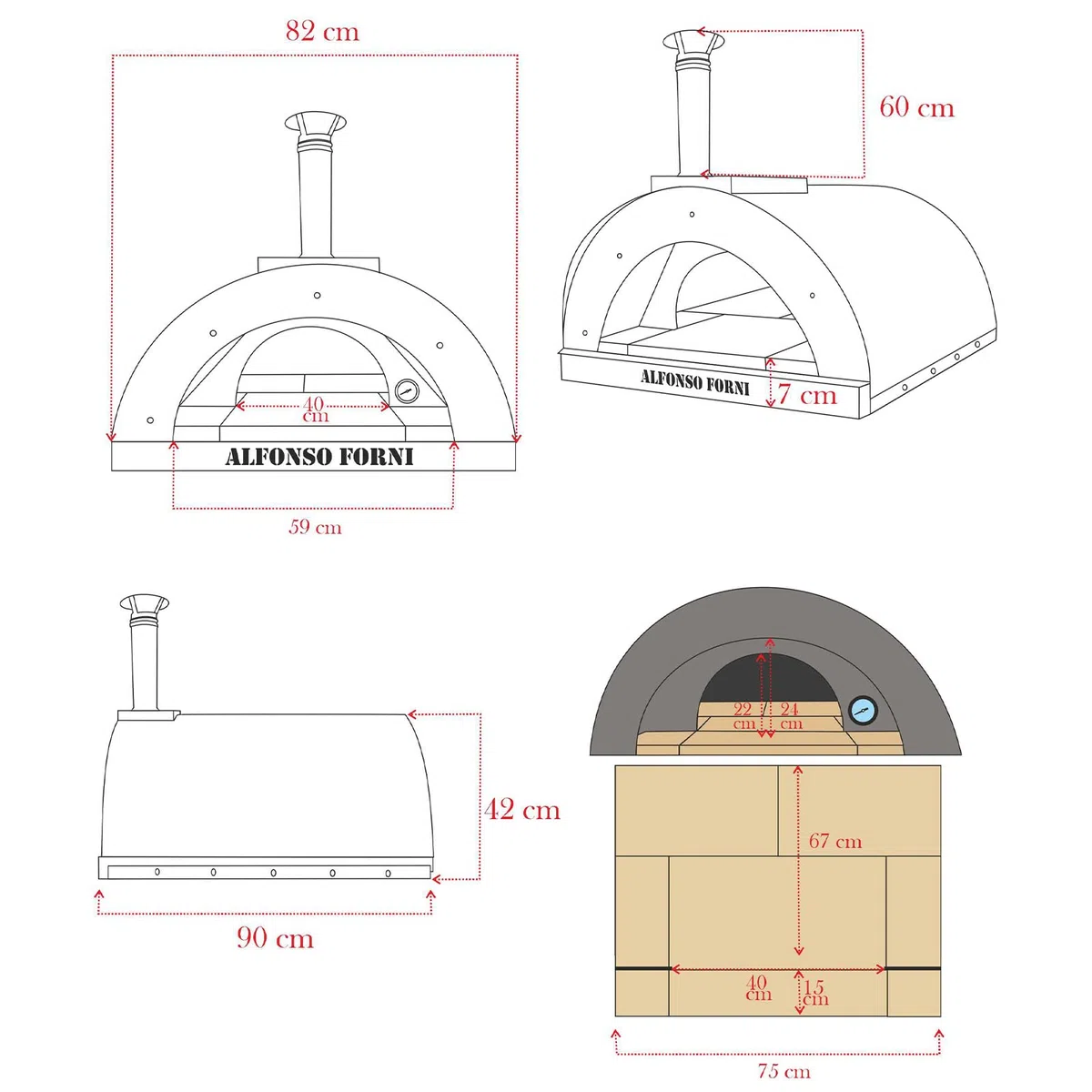 Forno a legna Alfonso 4 PIZZE da esterno acciaio con mattoni refrattari 3 cm pirometro 500°C