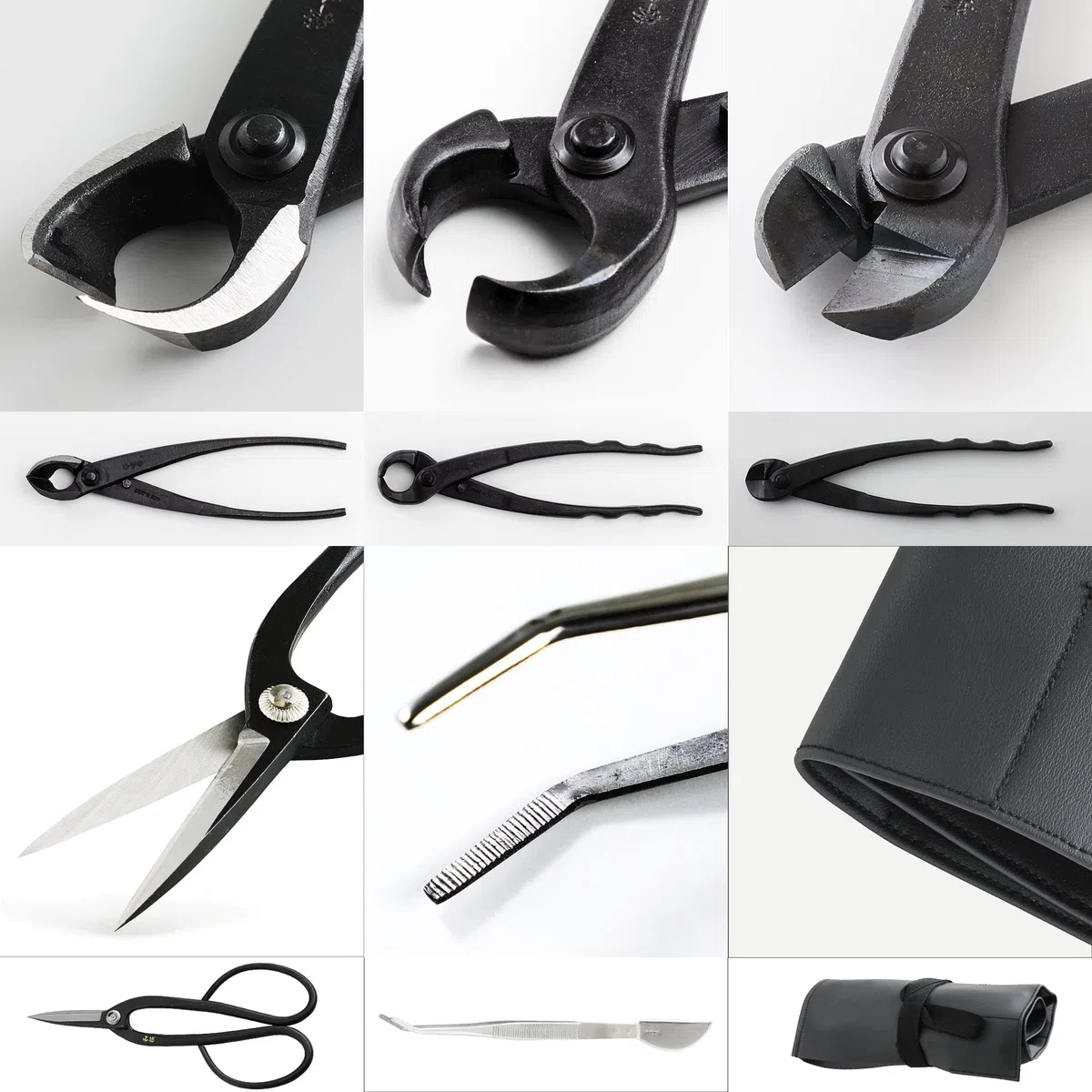 Wazakura Made in Japan - Kit di 5 attrezzi per bonsai con borsa in rotolo: forbici per bonsai Yasugi in acciaio Ashinaga, tronchese concavo, taglierina a pomello, tronchese per fili, pinzette, set