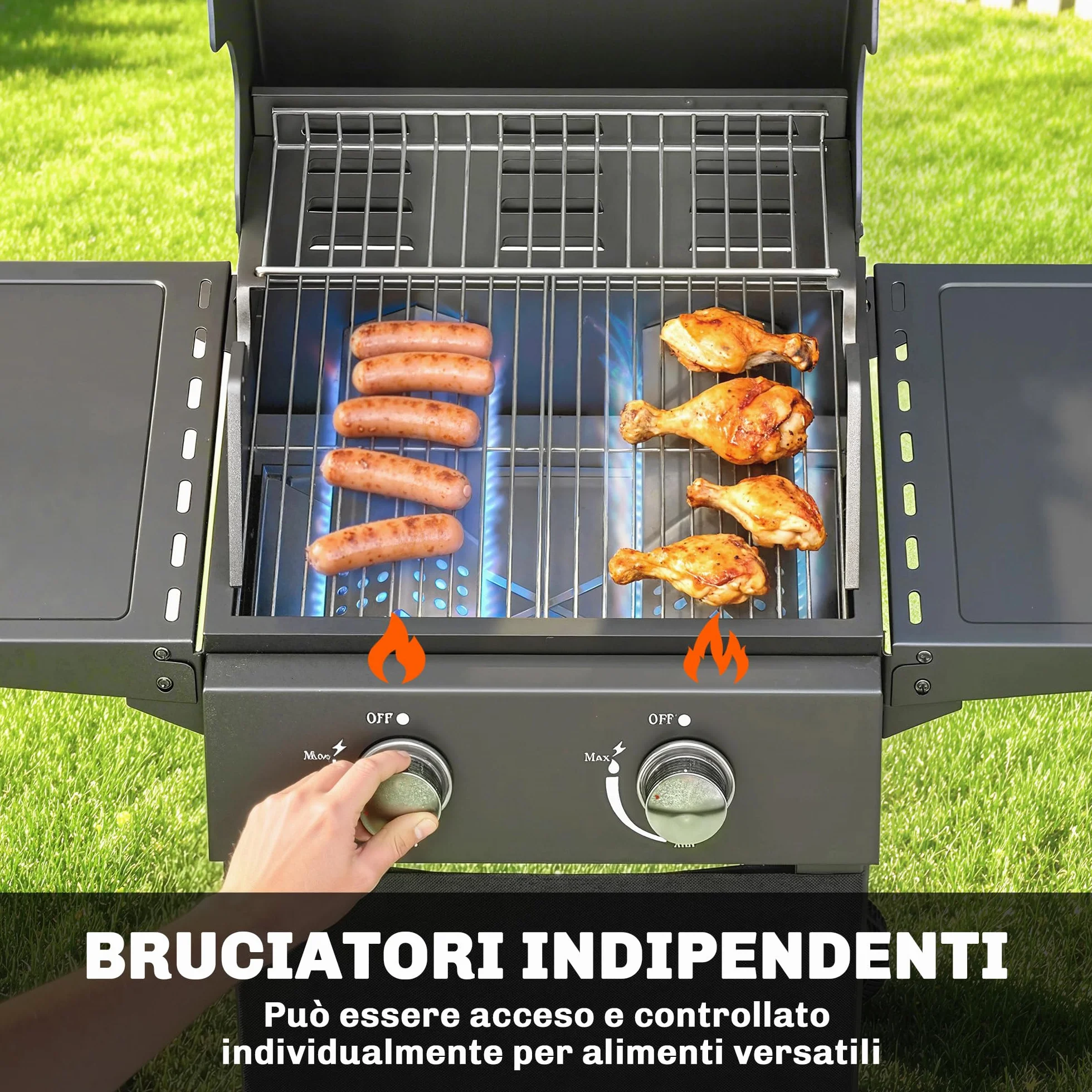 Outsunny Barbecue a Gas 2 Bruciatori 5.4 KW BBQ Portatile con Griglia Ripiani Pieghevoli Coperchio Termometro Ruote Nero