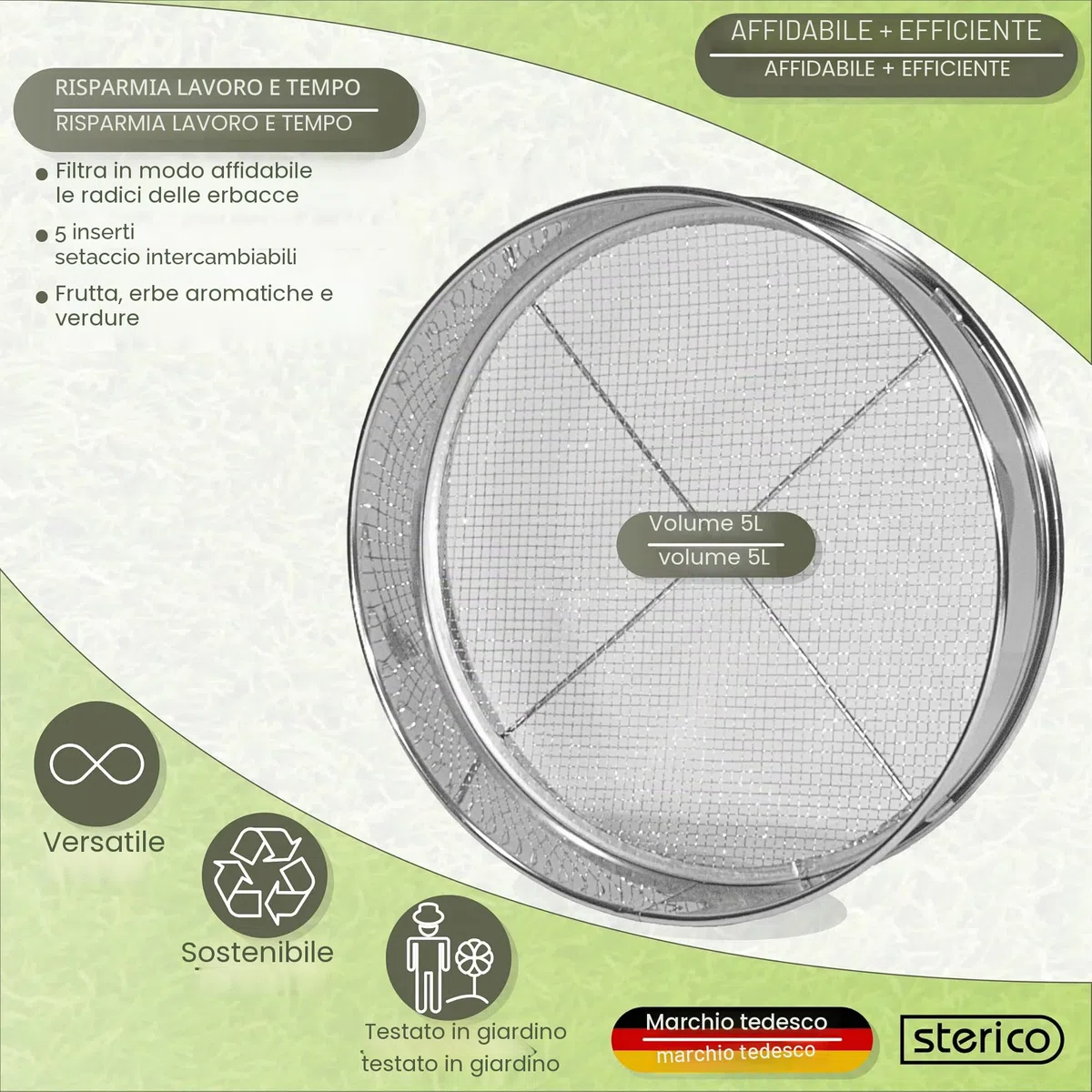 Siebmeister 5000 5in1 setaccio da giardino 30 cm metallo 5 maglie intercambiabili 3-12 mm