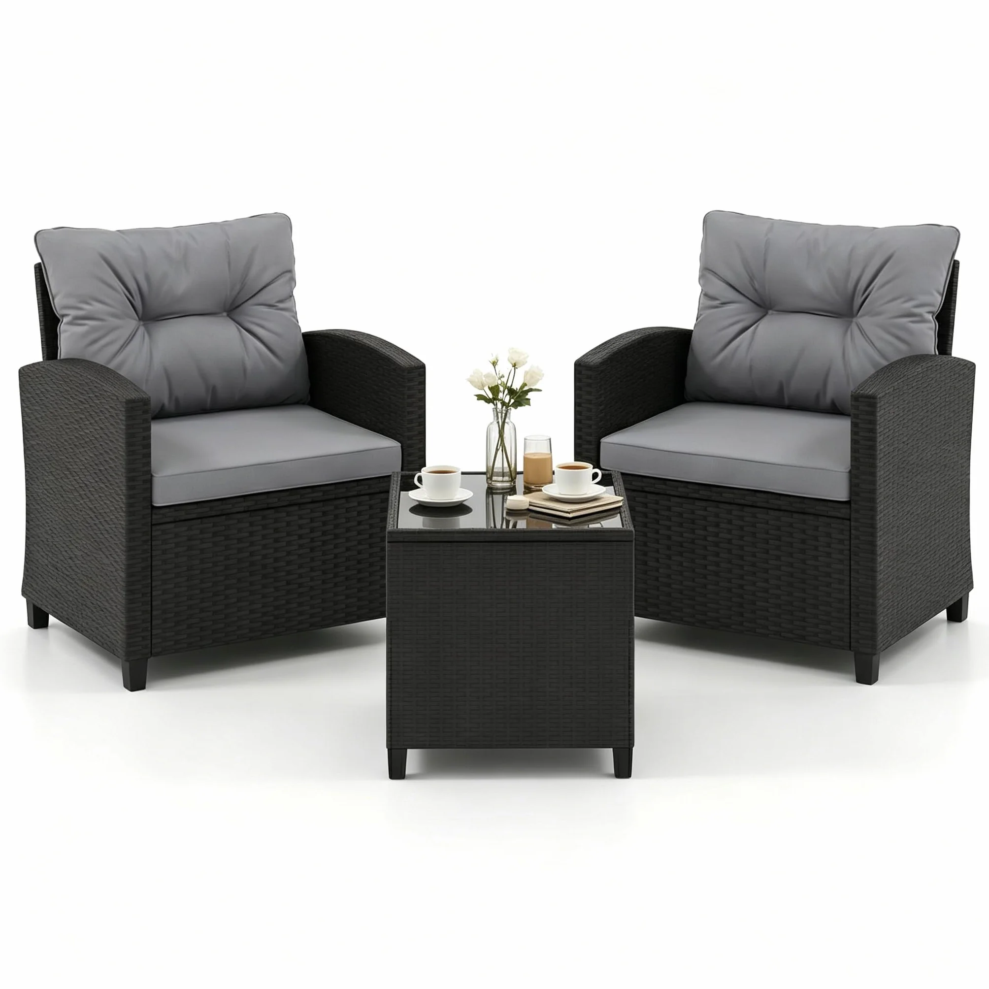LIFEZEAL Salotto da Giardino in Rattan PE, Set 2 Divanetti con Cuscini Rimovibili e Tavolino Caffè, Grigio e Nero