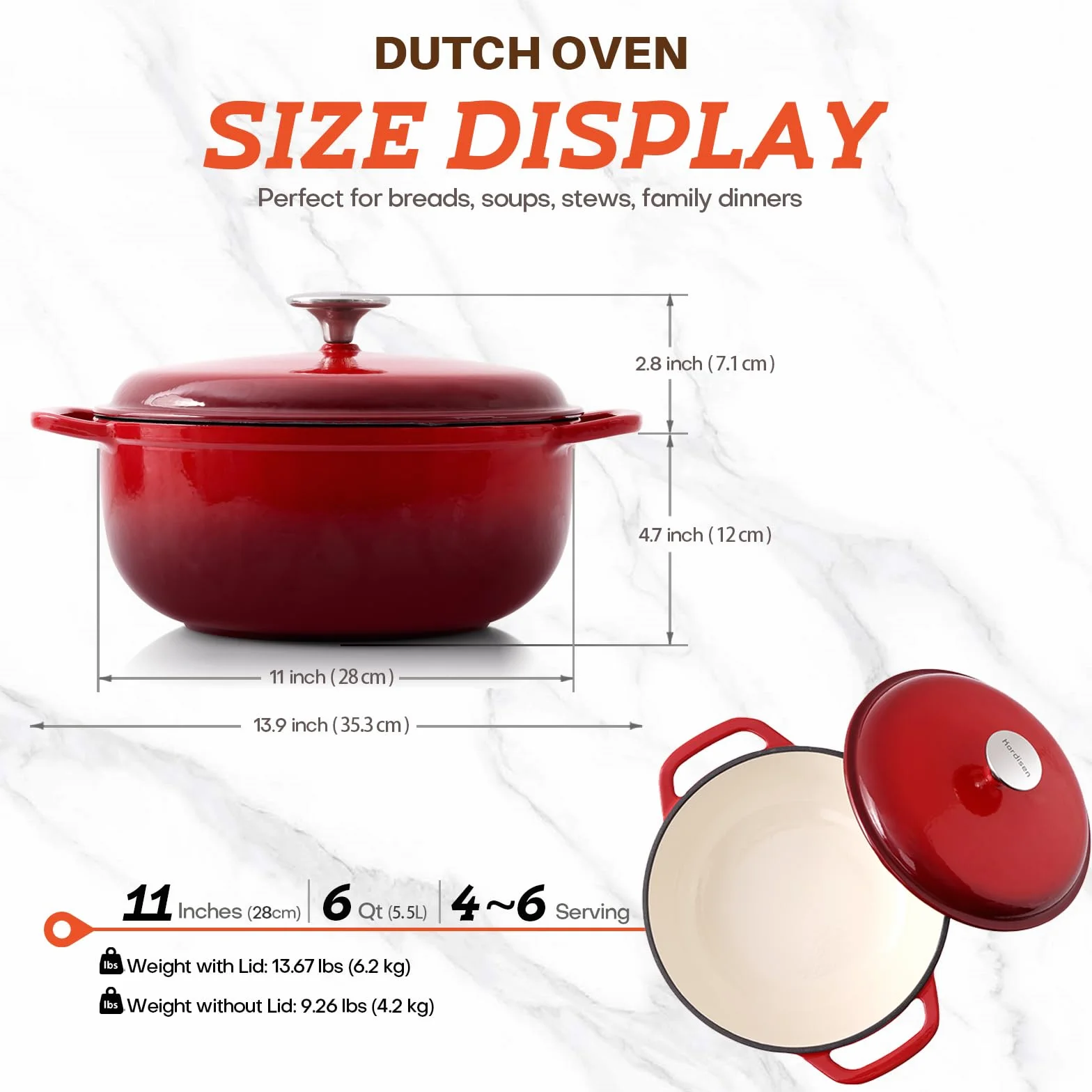 Kordisen Casseruola in Ghisa Smaltata 28 cm/5.7L con Coperchio, per Cuocere il Pane a Lievitazione Naturale, Adatta al Forno Fino a 260°C, Robusta e Capiente, Rossa