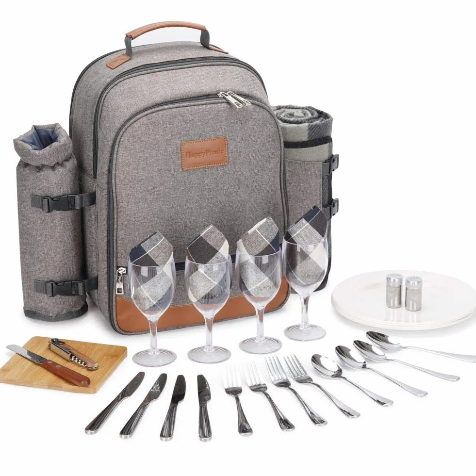 HappyPicnic Zaino da picnic isolato 4 persone stoviglie scomparto raffreddamento portabottiglie tappeto impermeabile