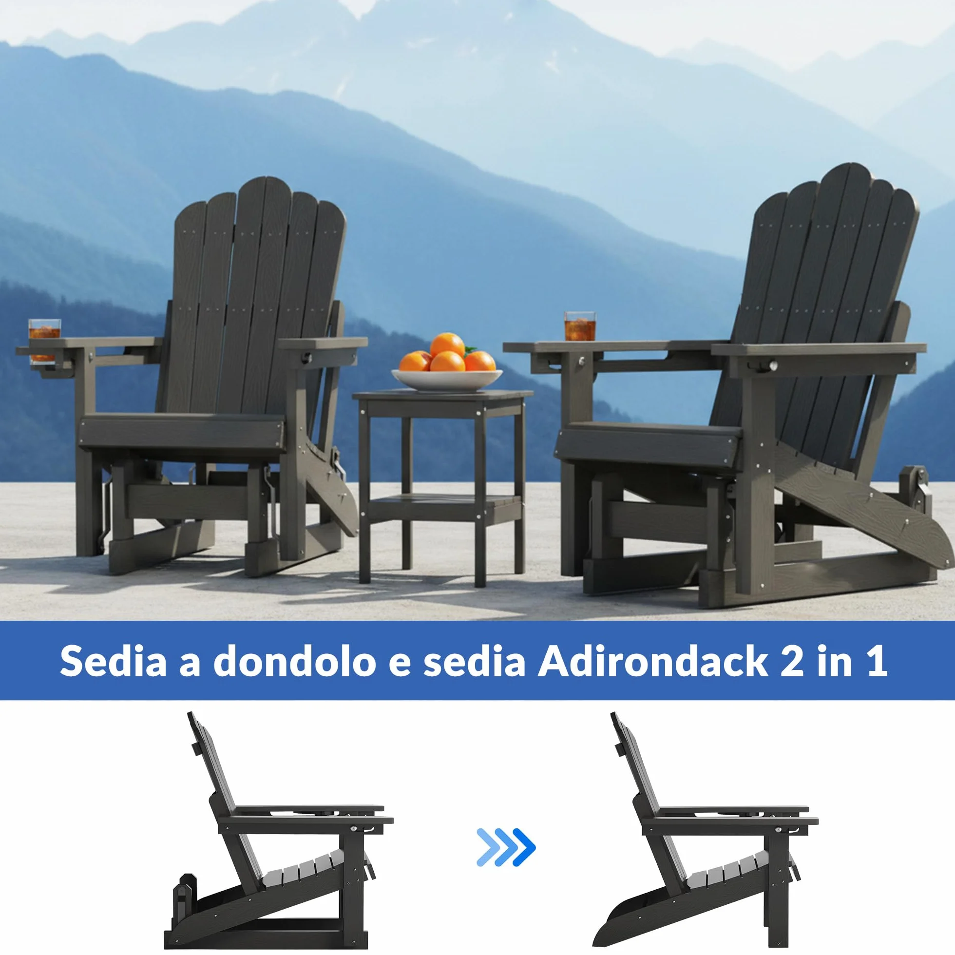 Sedia a dondolo Adirondack con schienale regolabile,sedia a dondolo per patio in simil-legno resistente alle intemperie con portabicchieri, meccanismo di oscillazione fluido,capacità di peso 200 kg