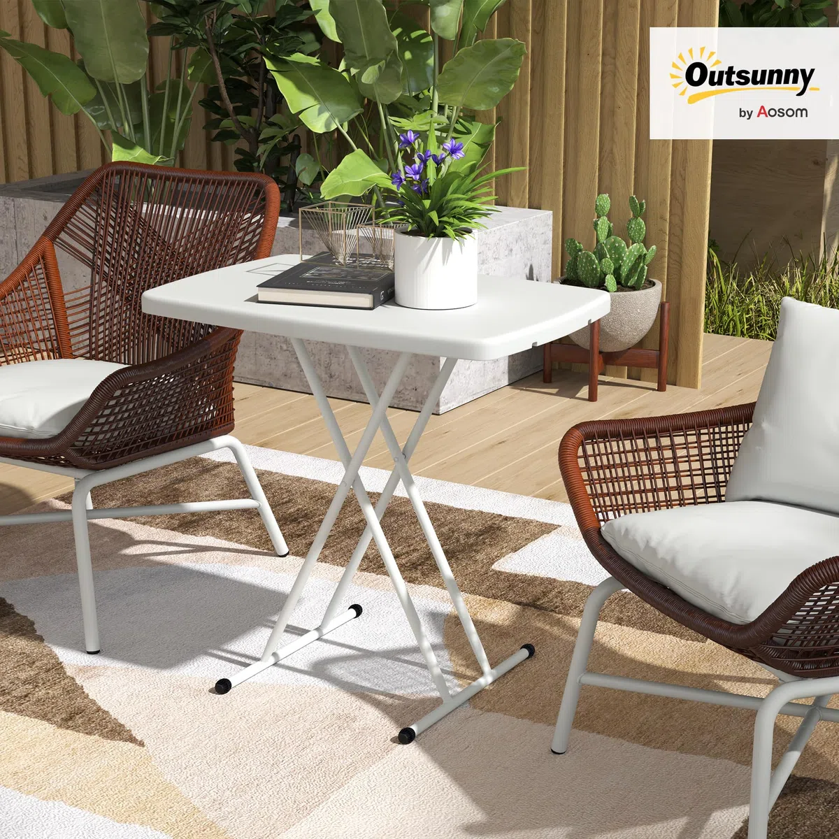 Outsunny Tavolino da Giardino Pieghevole Altezza Regolabile HDPE Metallo 76x50x74 cm Bianco