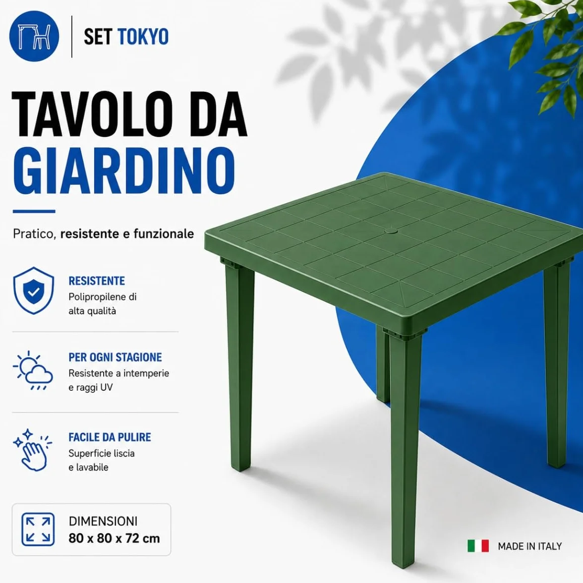 Tomaino Set Tokyo Tavolo da Giardino con 4 Sedie Impilabili con Braccioli Polipropilene Verde