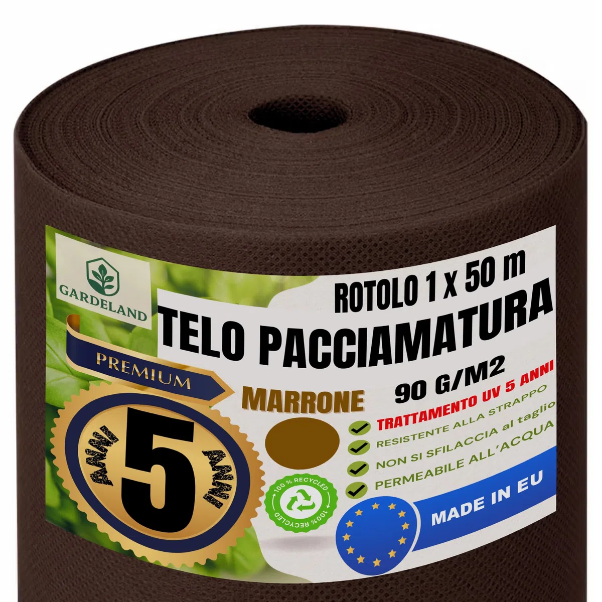 Telo Pacciamatura Marrone Premium 50m x 1m 90g/m2 Anti Erbacce Trattamento UV Resistente alle Intemperie Made in EU