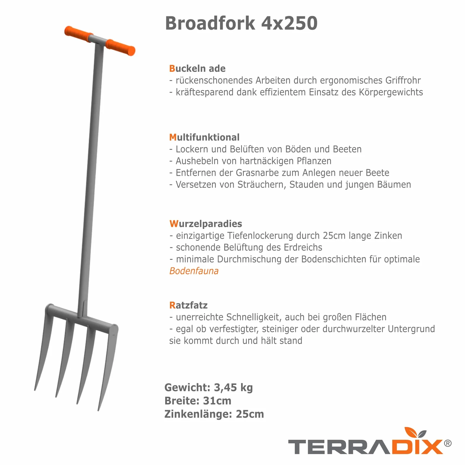 Forca vanga TERRADIX 4 x 250 – Allentamento ottimale e ventilazione delle aiuole – per una costruzione di humus di successo – Larghezza di lavoro 31 cm – Lunghezza denti 25 cm