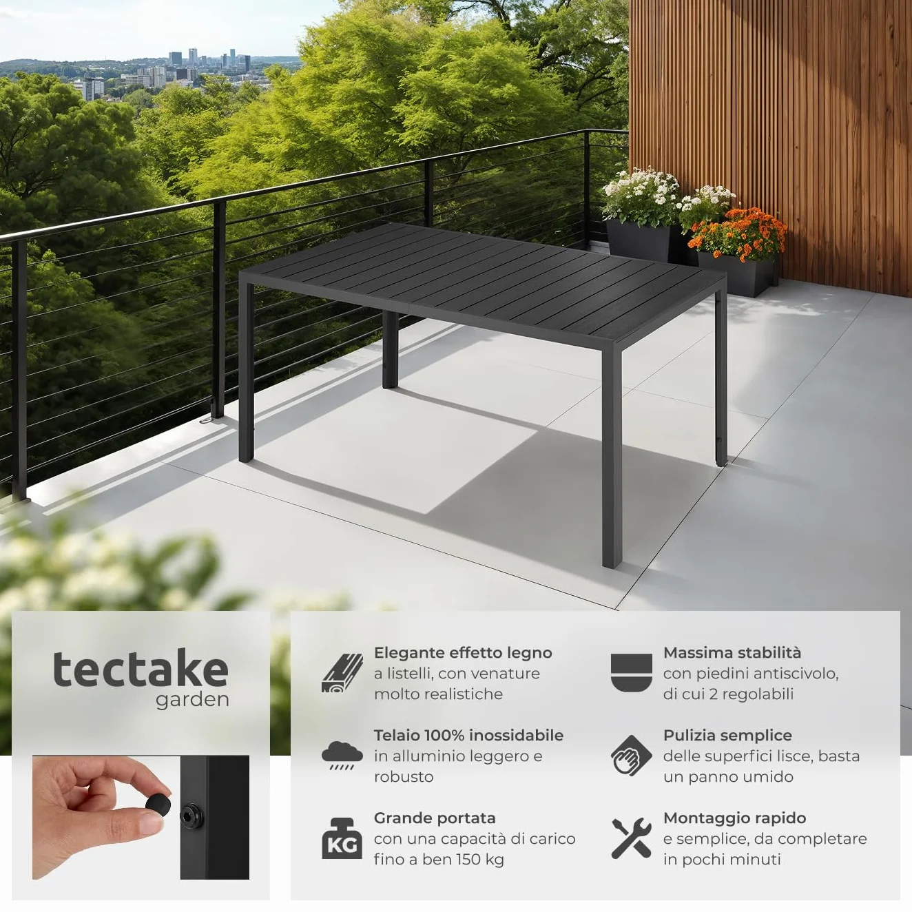 Tectake Tavolo da Giardino Rettangolare Alluminio Inossidabile 150x90x74,5 cm Nero