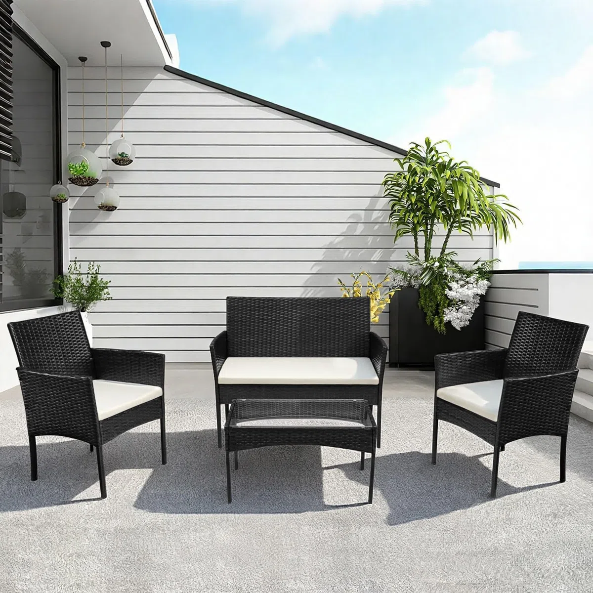BAKAJI Set Salotto Completo di Divano 2 Poltrone e Tavolino in Vetro e Poly Rattan Struttura in Acciaio con Cuscini Sfoderabili Arredo Giardino Terrazzo Nero
