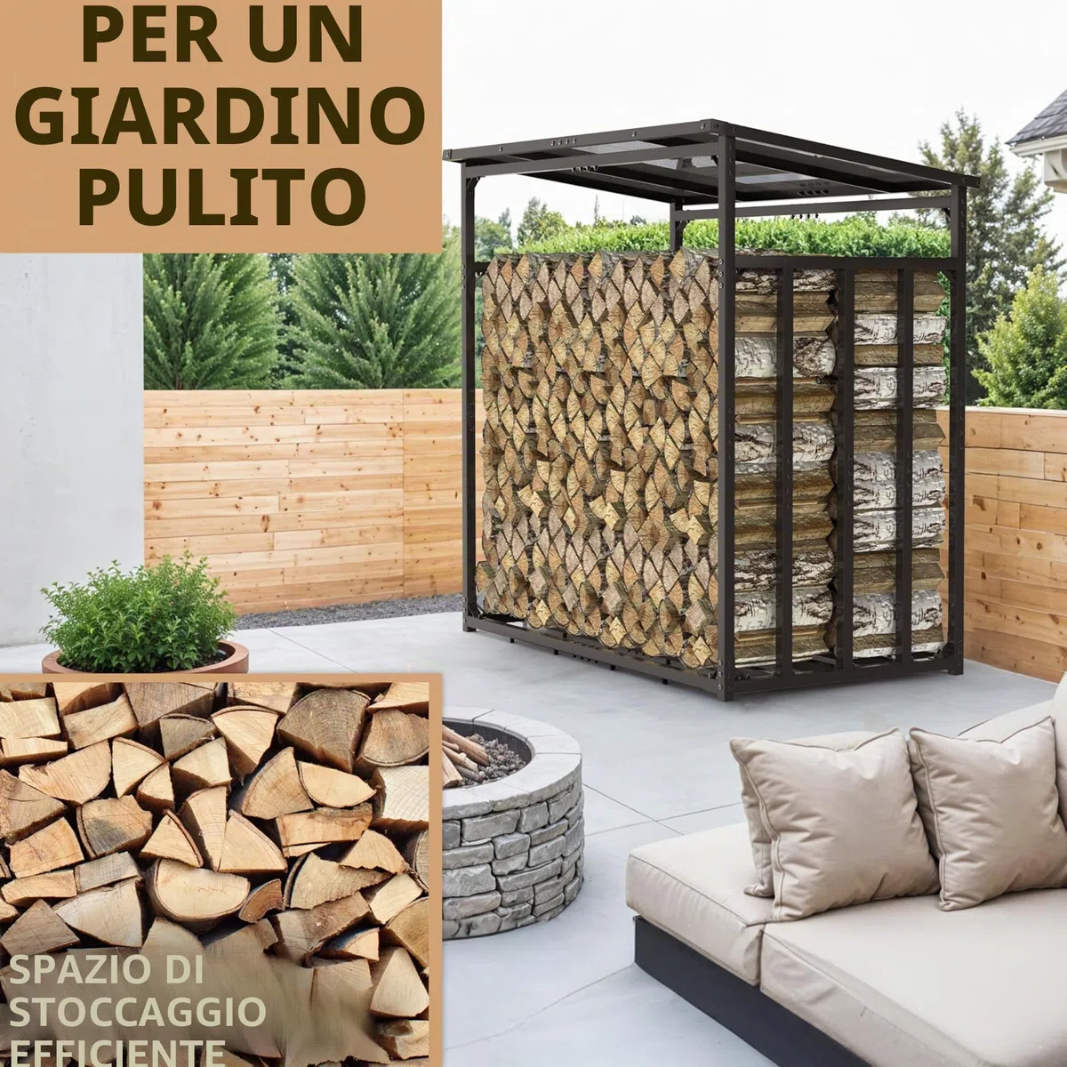 LAWA portalegna da esterno metallo zincato 185x105x185 cm 4x4cm portata 3,5t con tetto rastrelliera per legna