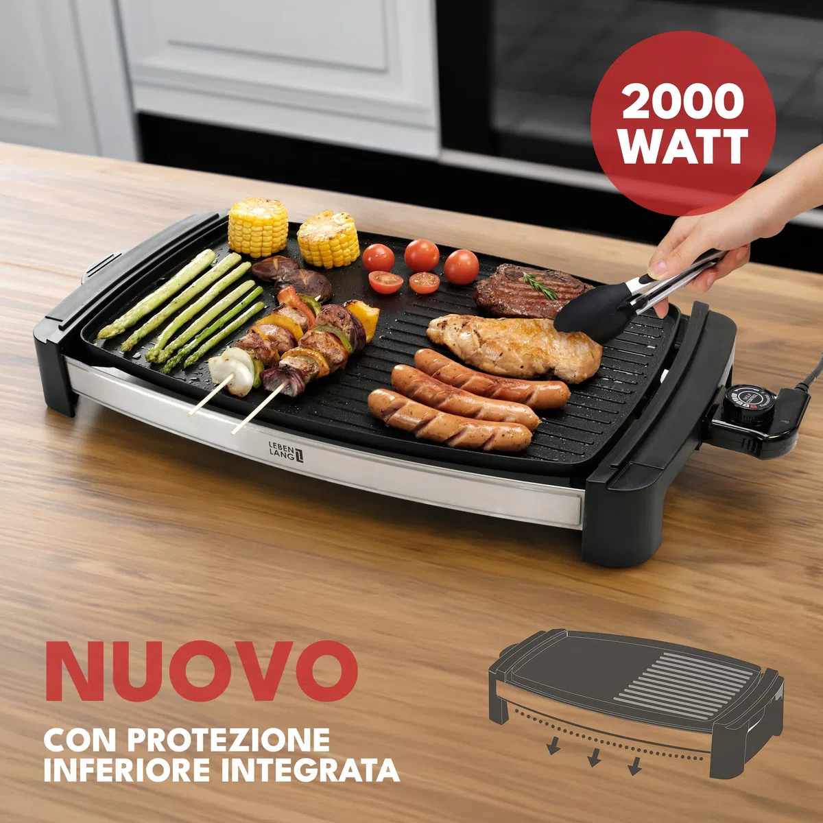 LEBENLANG Griglia Elettrica XXL 2000W - Incl. Pinze Per Barbecue I 45x30cm I Per Uso Interno & Esterno I Bistecchiera Barbecue Grande Grill Elettrico Piastra Per Grigliare Senza Fumo BBQ Da Balcone