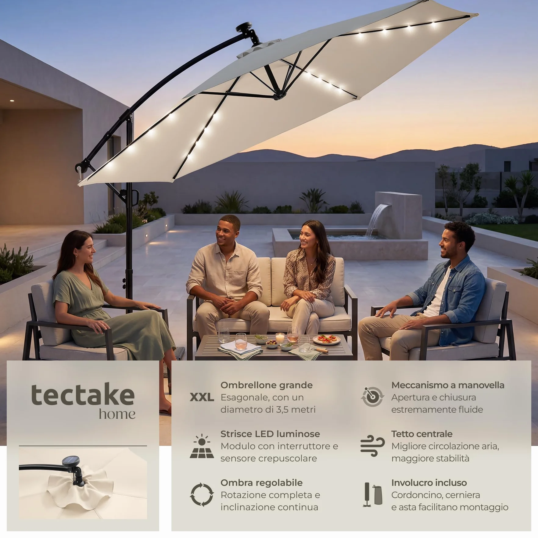 Tectake Ombrellone da Giardino 3,5x3,5 m Braccio Girevole 360° Led Solare Protezione UV 50+