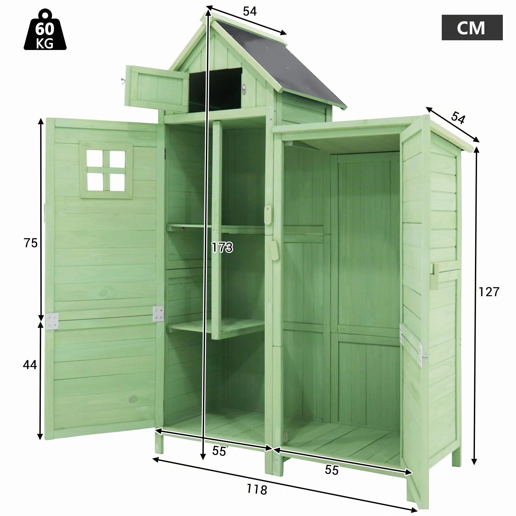 Casetta per attrezzi da giardino, resistente alle intemperie, in legno, per esterni, in PVC, 118 x 54 x 173 cm (larghezza x profondità x altezza), verde
