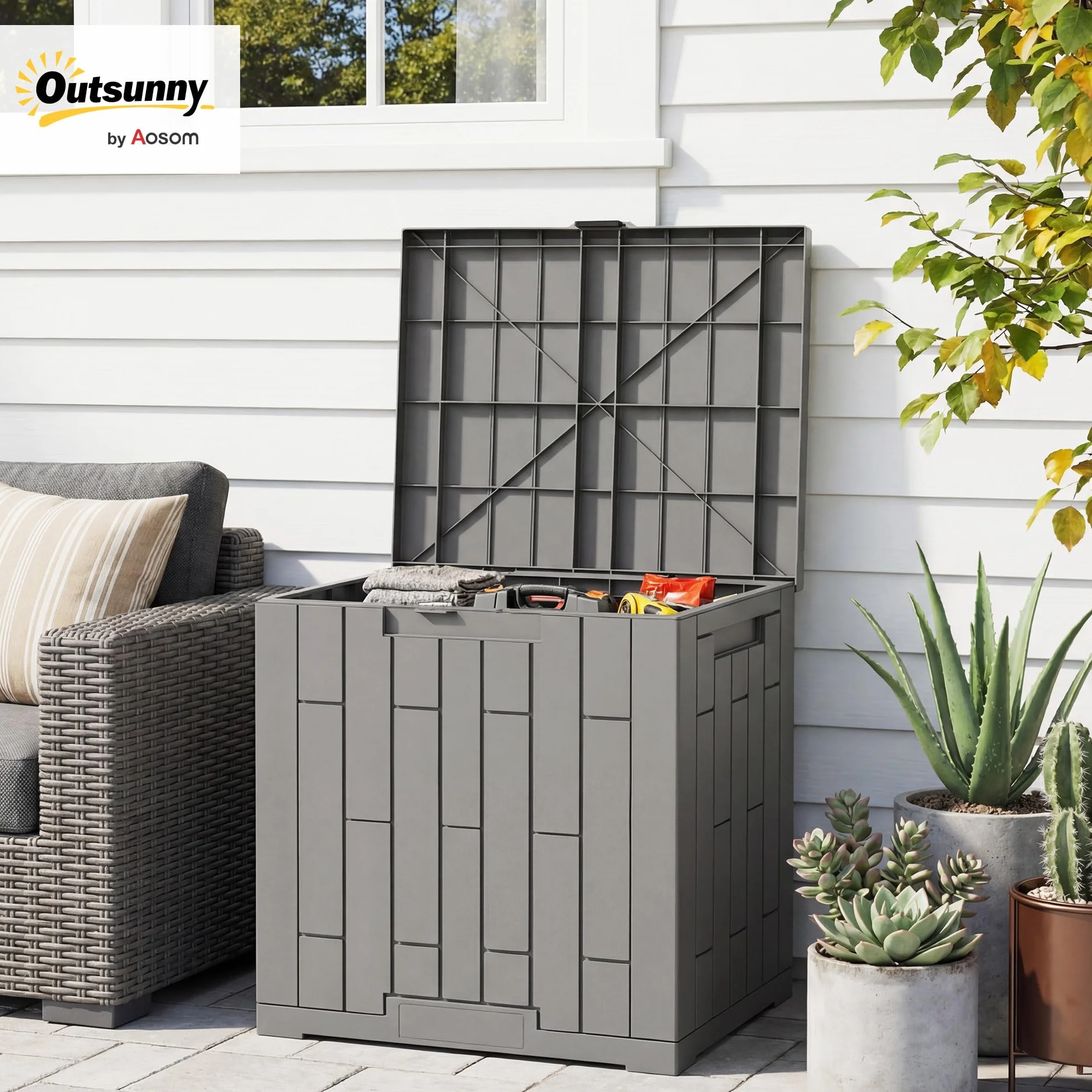 Outsunny Baule da Esterno 114L PP con Coperchio Serratura e Protezione UV, Effetto Legno Grigio