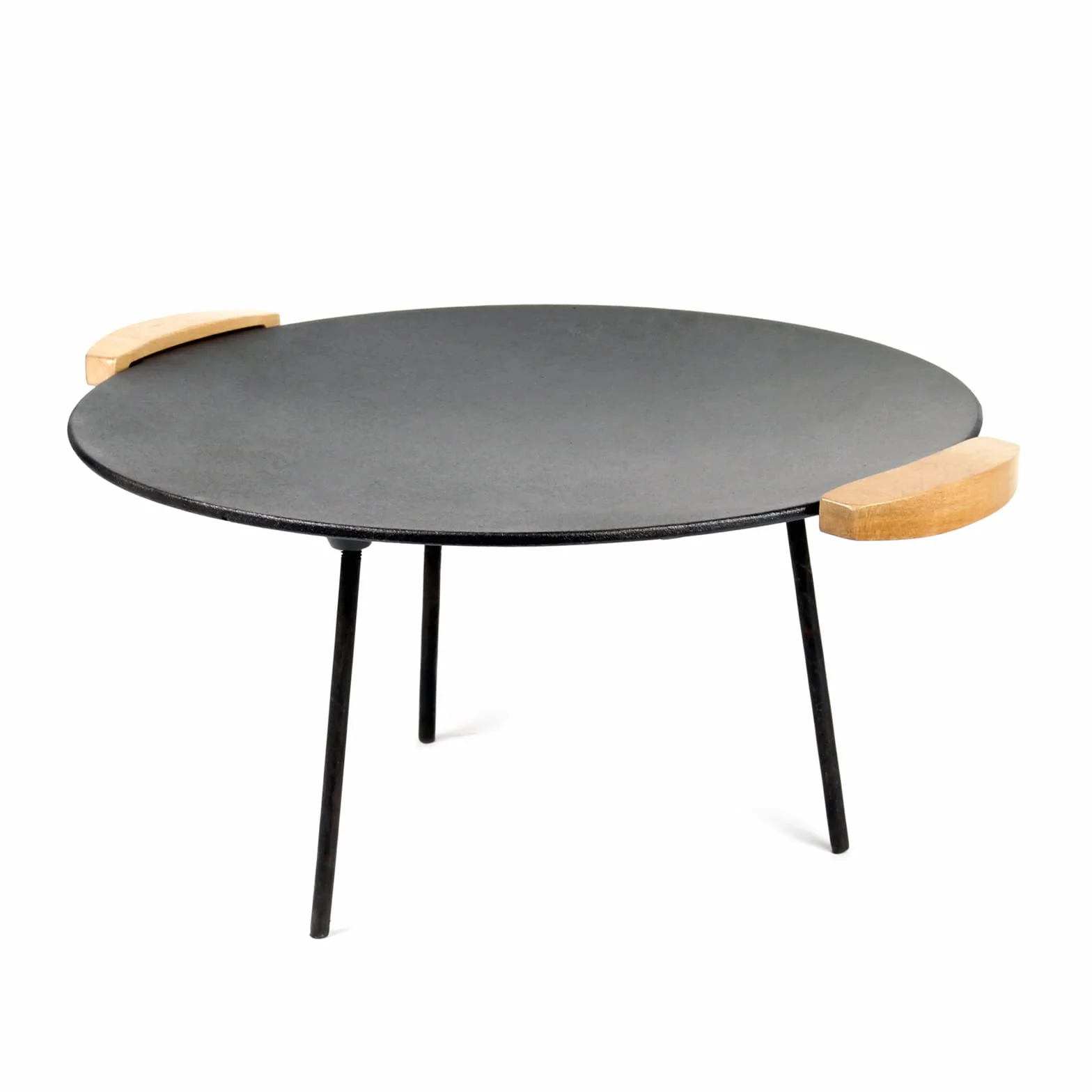 Wiltec Piastra per barbecue fuoco in ghisa, liscia, rotonda Ø44cm altezza 44 cm manici in legno piedi 20 e 32cm