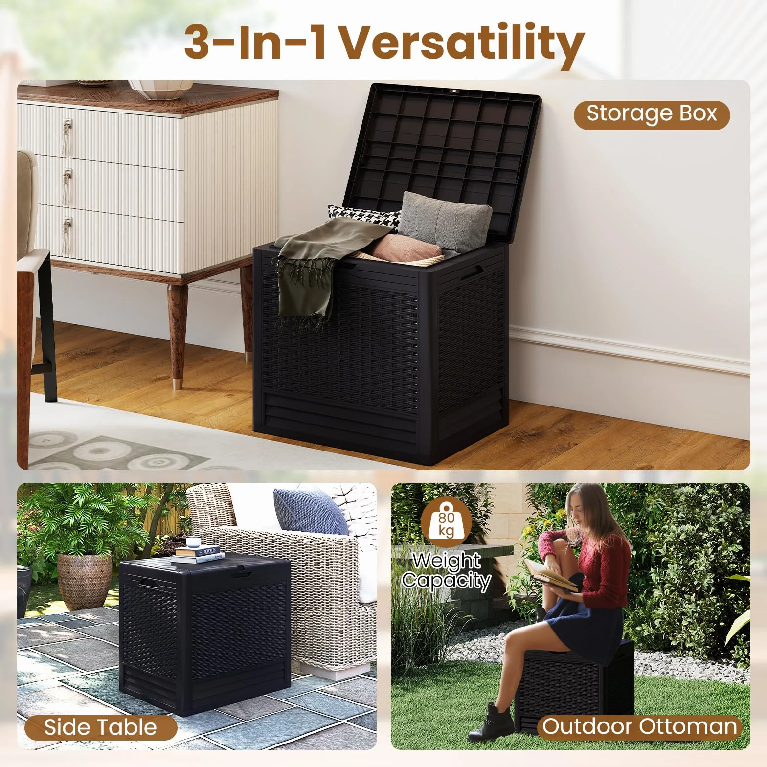 GIANTEX Contenitore da 96L, Scatola da Terrazza in PP Impermeabile per Uso Interno ed Esterno, Contenitore con Design in Rattan Chiudibile a Chiave per Consegna Pacchi (Marrone)