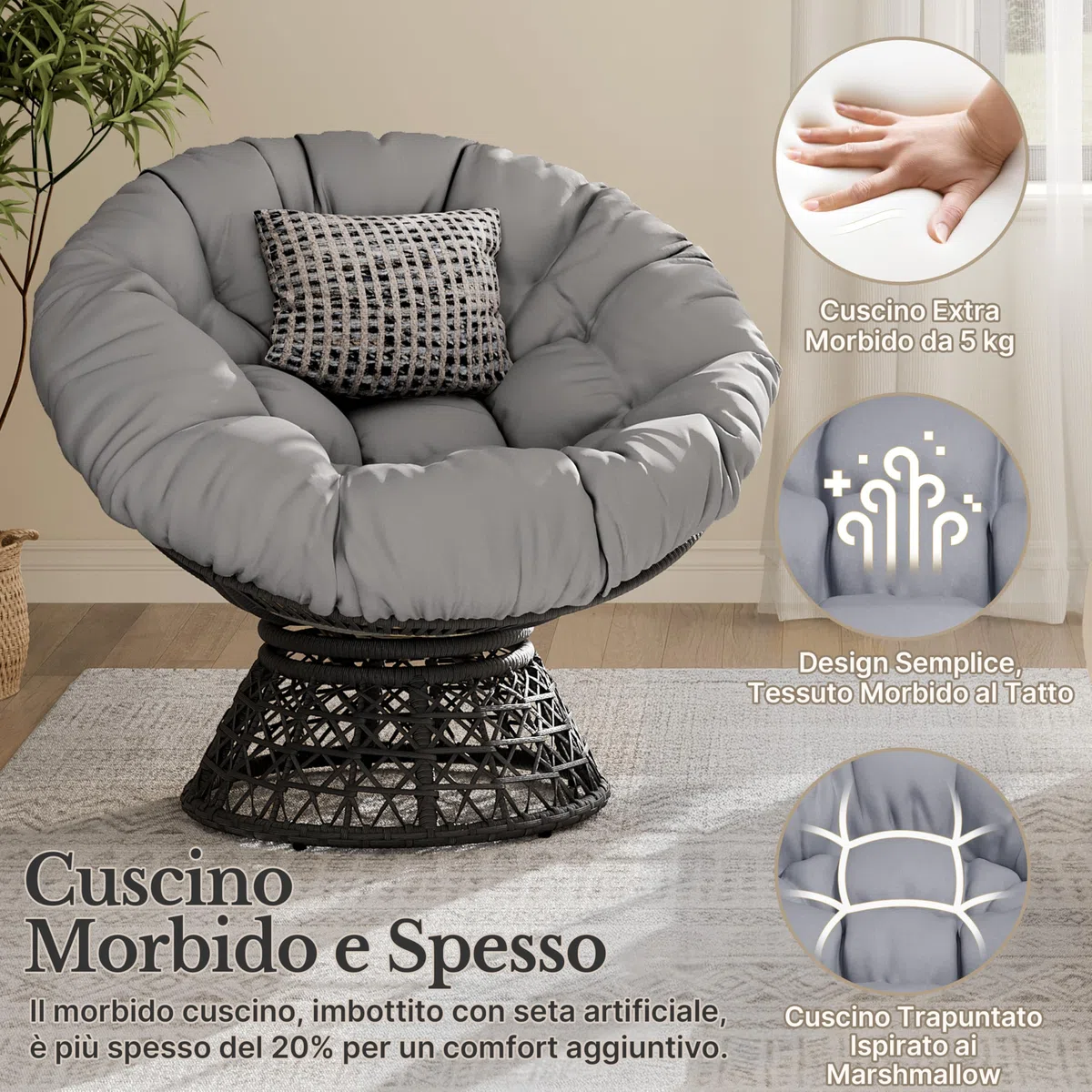 Yaheetech Poltrona da Giardino Girevole 360° Rattan Sedia a Dondolo Rotonda Papasan Cuscino Diametro 120 cm Nero Grigio