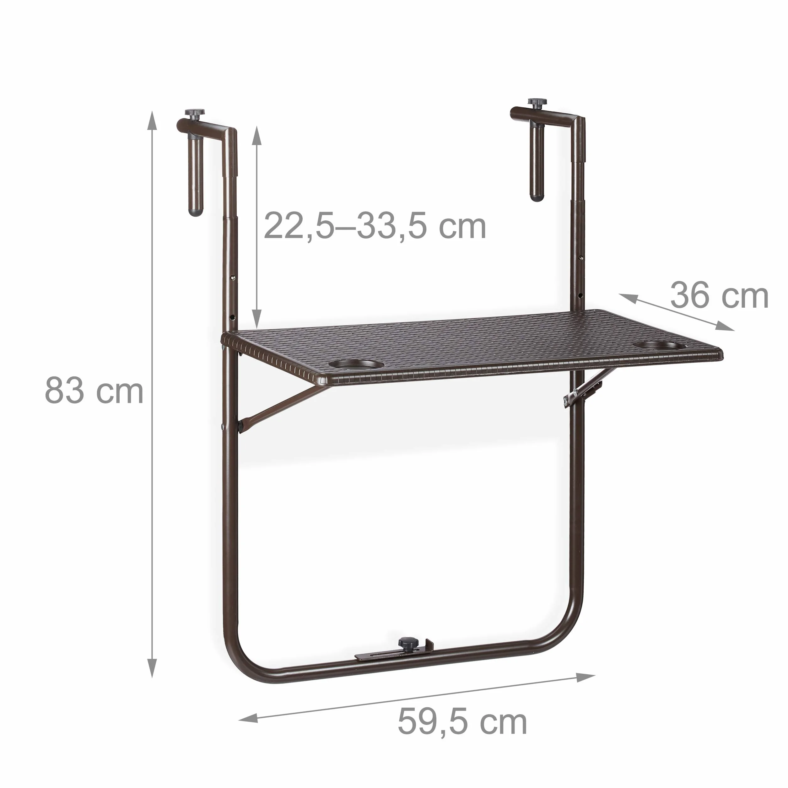 Relaxdays Tavolino Pieghevole da Balcone, Altezza Regolabile 59,5 x 36 cm, Marrone