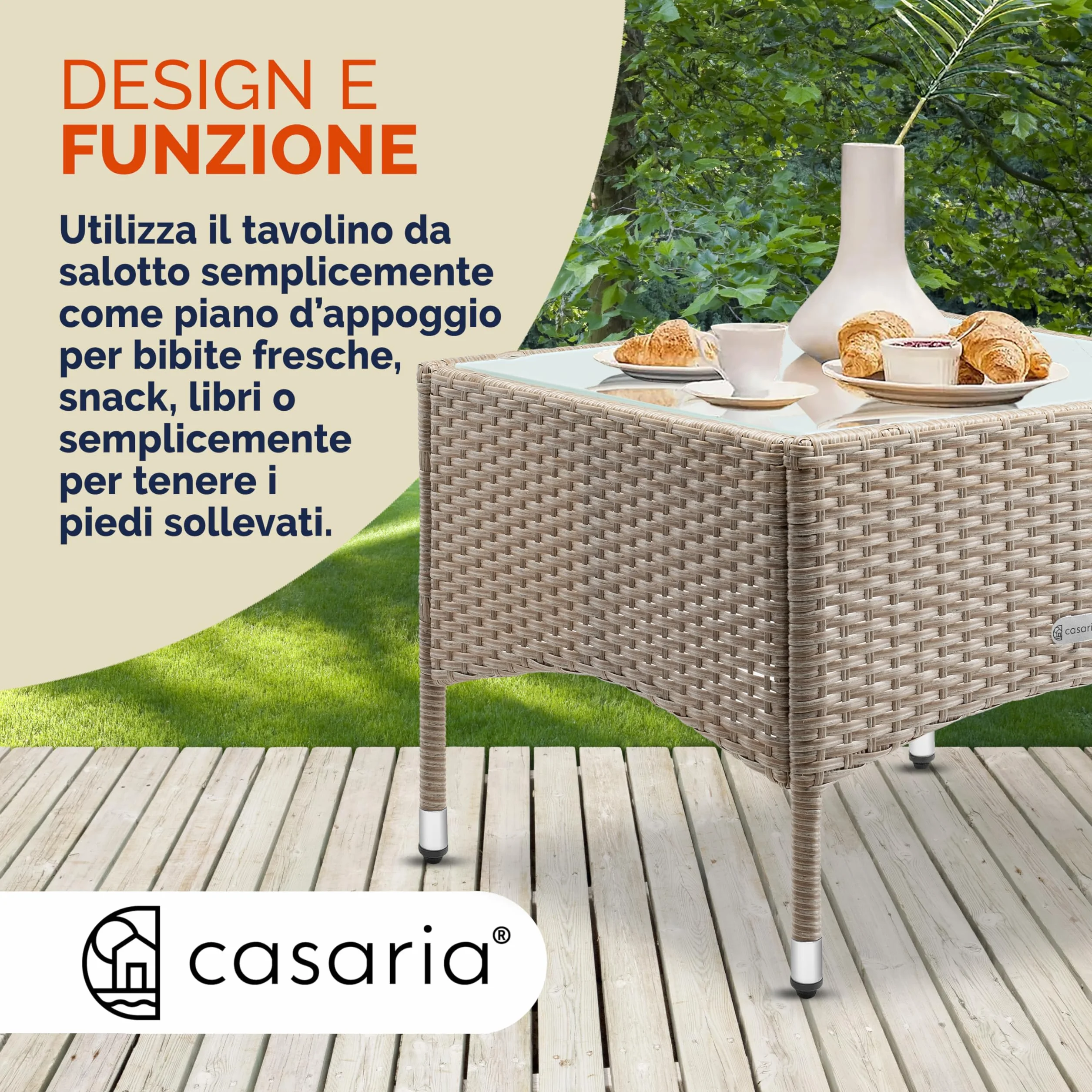 Casaria Tavolino da Giardino Esterno in Polyrattan 58x58x42cm Tavolo Basso da Caffè Quadrato Vetro