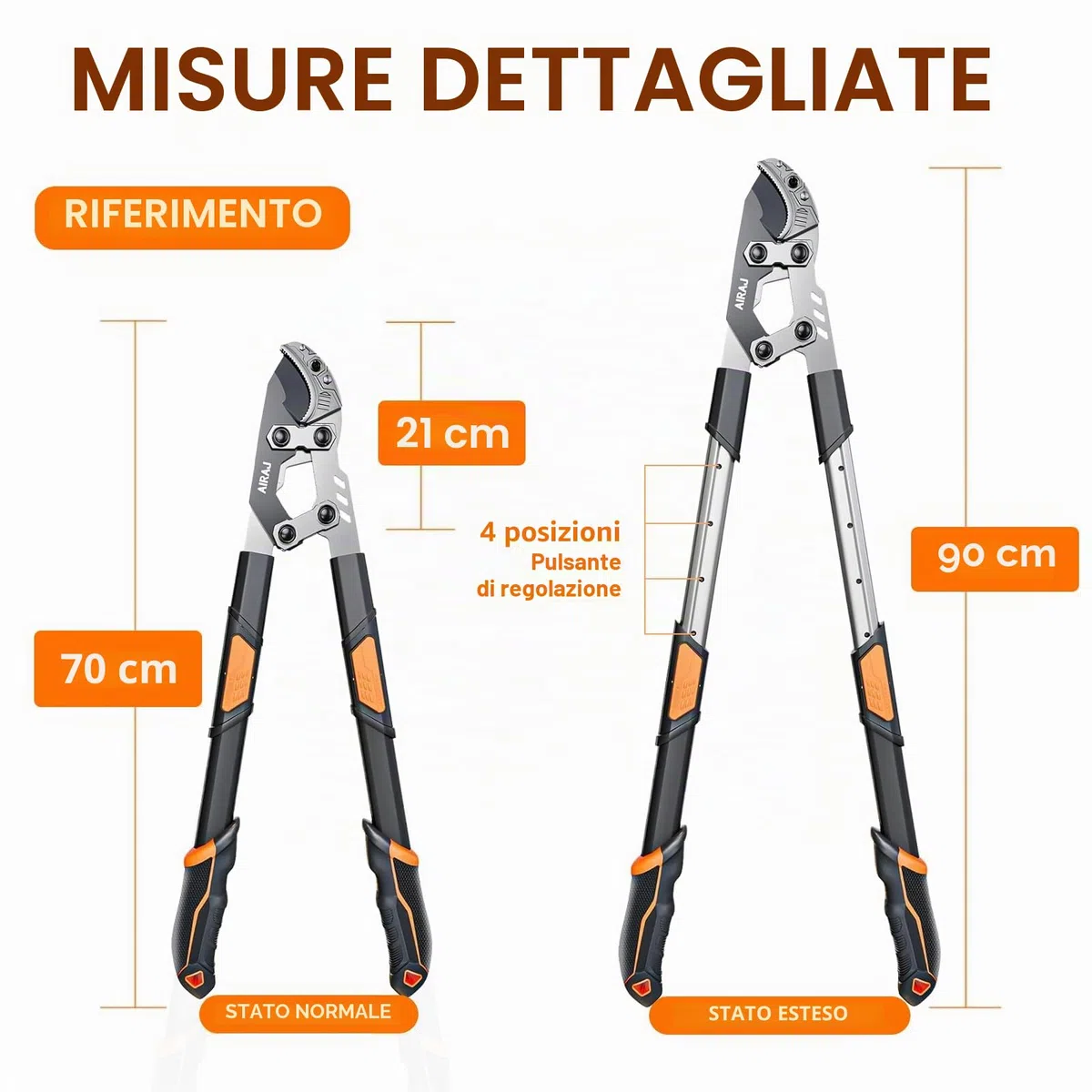 AIRAJ Troncarami da Giardino Telescopica 68-88cm, Lame 55C Rivestimento Antiruggine, Potatura Rami 5.5cm