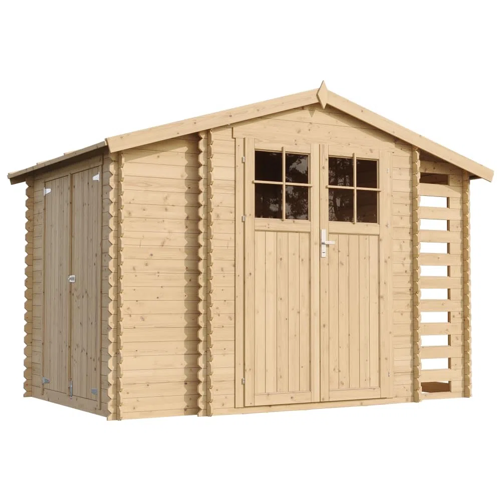 TIMBELA M389F+M389G Casetta da Giardino in Legno per Esterni con legnaia CON PAVIMENTO TRATTATO- L206xL328xA218 cm/ 3,53 + 0,97+0,97 m2 - Piccola Casetta in Legno, Rimessa Attrezzi, Deposito Bici