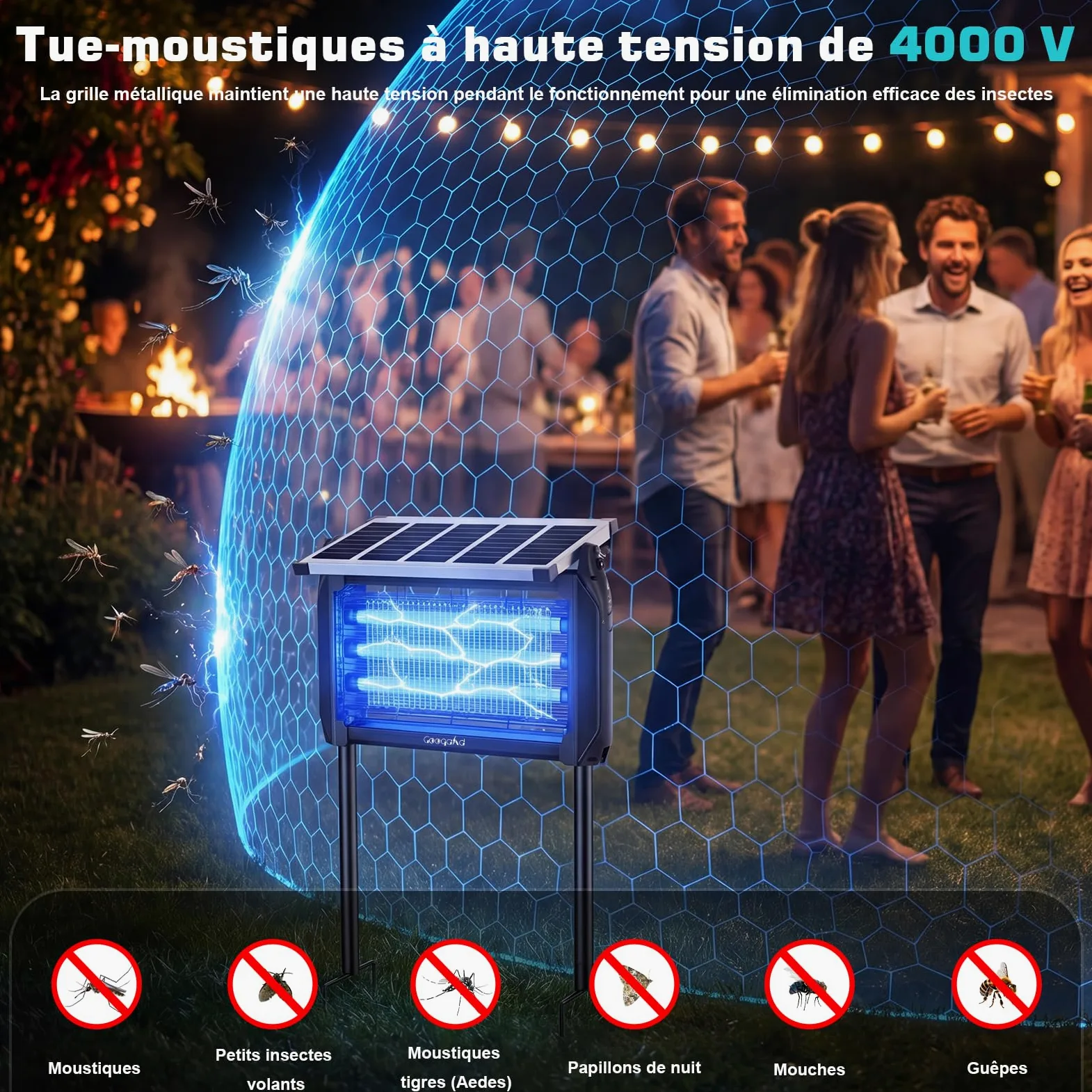 Lampada Antizanzare Elettrica Solare,Zanzariera Elettrica da Esterno 4000V, Ricarica Solare e USB,UV 10W, IPX5 Anti Mosche Elettrico Impermeabile, Ideale per Patio, Giardino e Campeggio