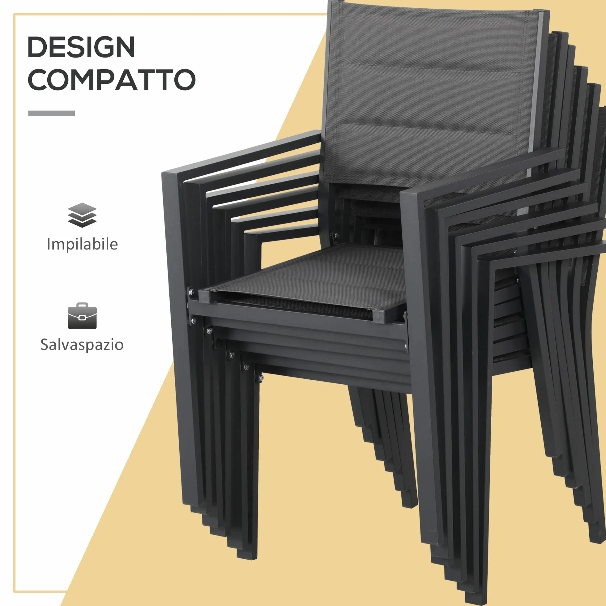 Outsunny Set Tavolo e Sedie da Giardino 7 Pezzi, Alluminio, Tavolo Rettangolare Allungabile, 6 Sedie Impilabili Texteline, Grigio Scuro
