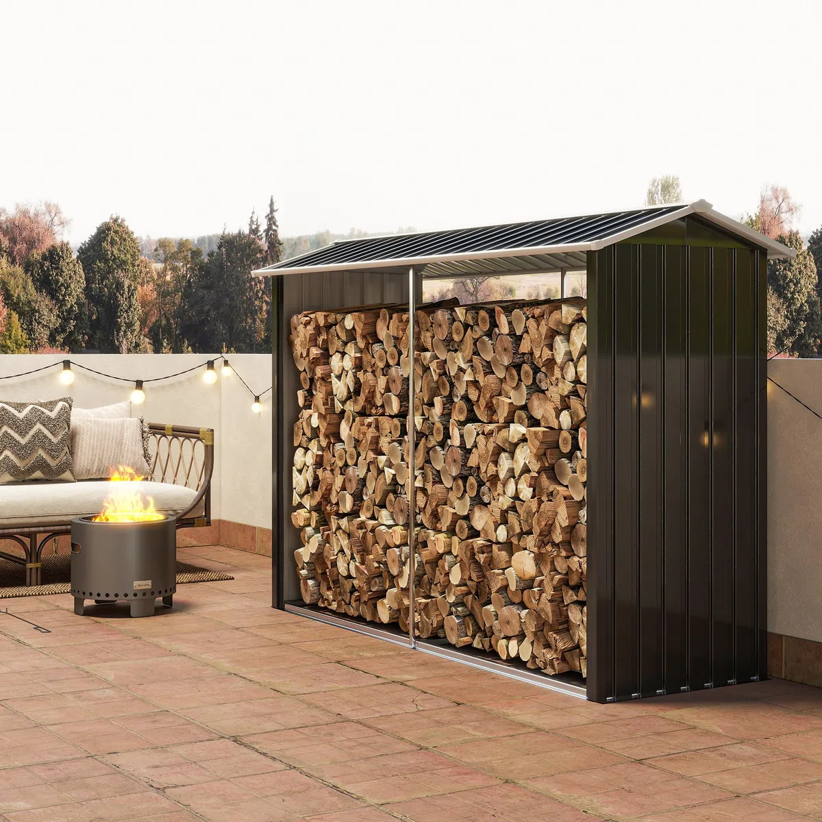 Outsunny Portalegna da Esterno Acciaio Galvanizzato 240x86x160cm Nero con Base Rialzata e Tetto Inclinato