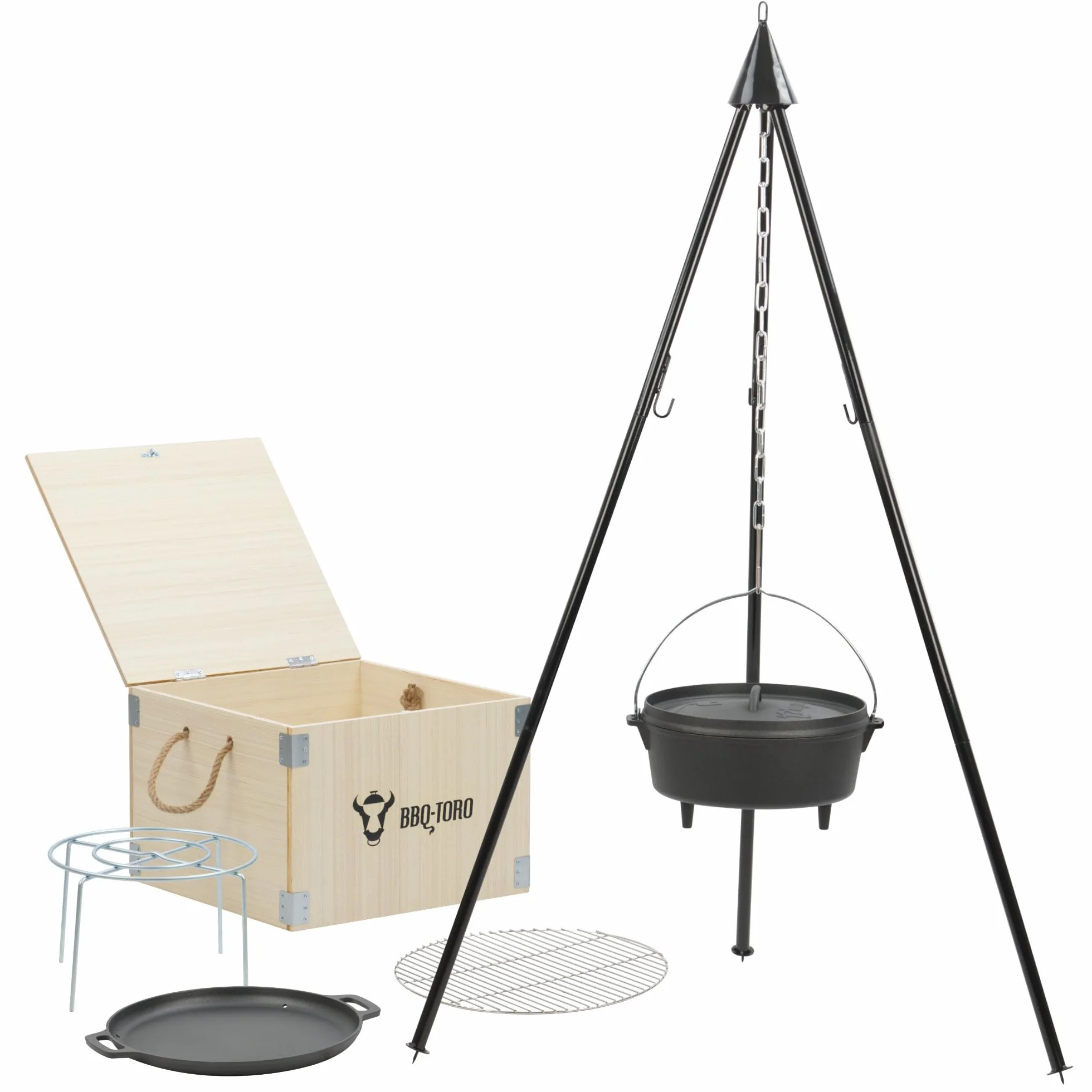 BBQ-Toro Dutch Oven Kit a 6 pezzi in scatola di legno, ghisa, bruciato in, pentola, padella, griglia, treppiede e altro ancora