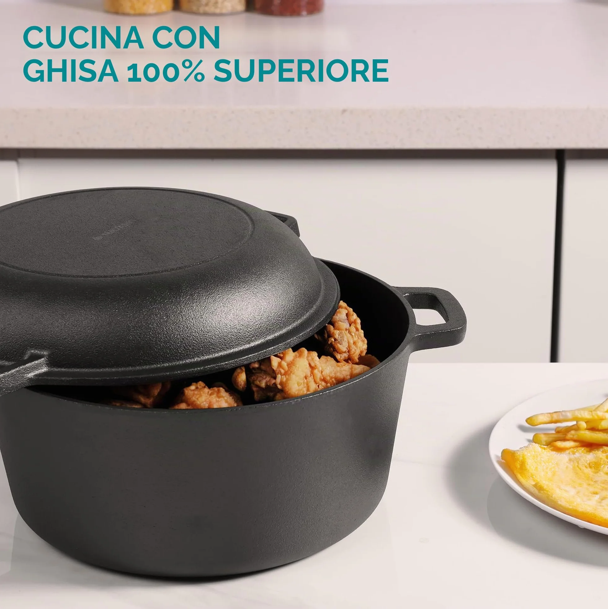 Navaris Pentola in Ghisa da Forno con Coperchio - Pentole e Padelle per Cuocere il Pane - Forno Olandese 4,7 l Ø 26 cm - Casseruola 2 Manici 2-in-1 - per Ogni Piano Cottura - Nero