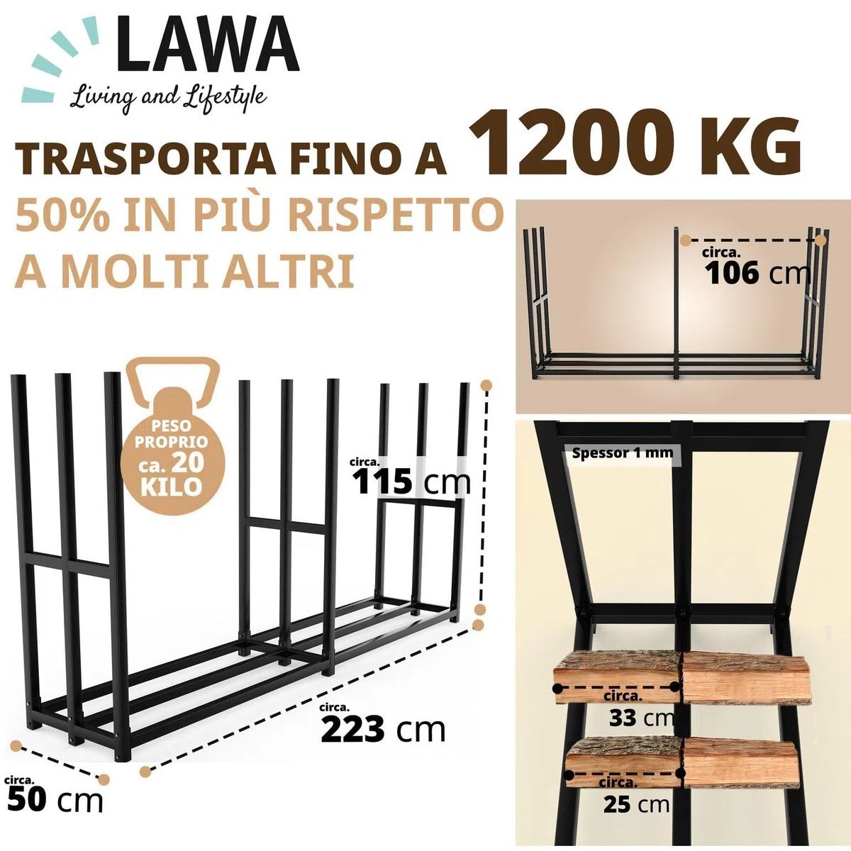 Portalegna da esterno in metallo zincato nero 223 x 50 x 115 cm legnaia per legna da ardere