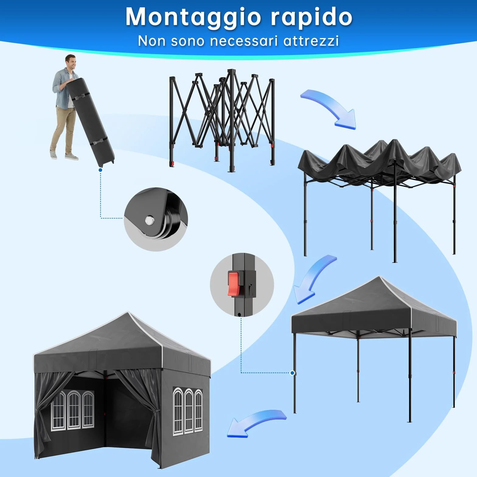 Devoko Gazebo 3x3 impermeabile pieghevole con pareti laterali protezione UV 50+ nero