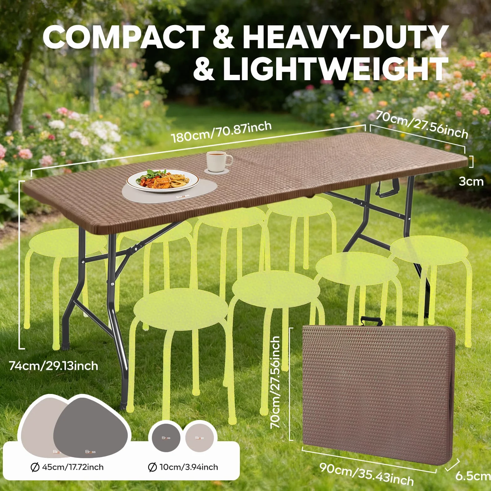 Tavolo Pieghevole 180x70cm per 8 Persone, Marrone, Plastica Effetto Rattan, Ferro, 150 kg