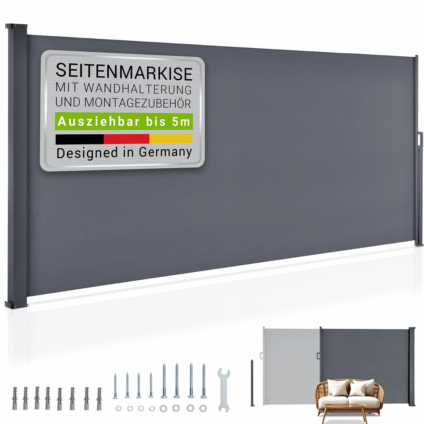 Juskys Tenda laterale Dubai 500 x 160 cm estensibile coprente frangivista frangivento balcone terrazza antracite