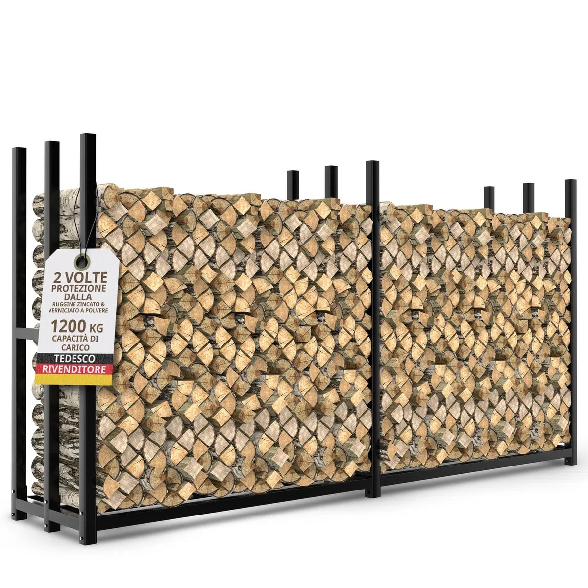 Portalegna da esterno in metallo zincato nero 223 x 50 x 115 cm legnaia per legna da ardere